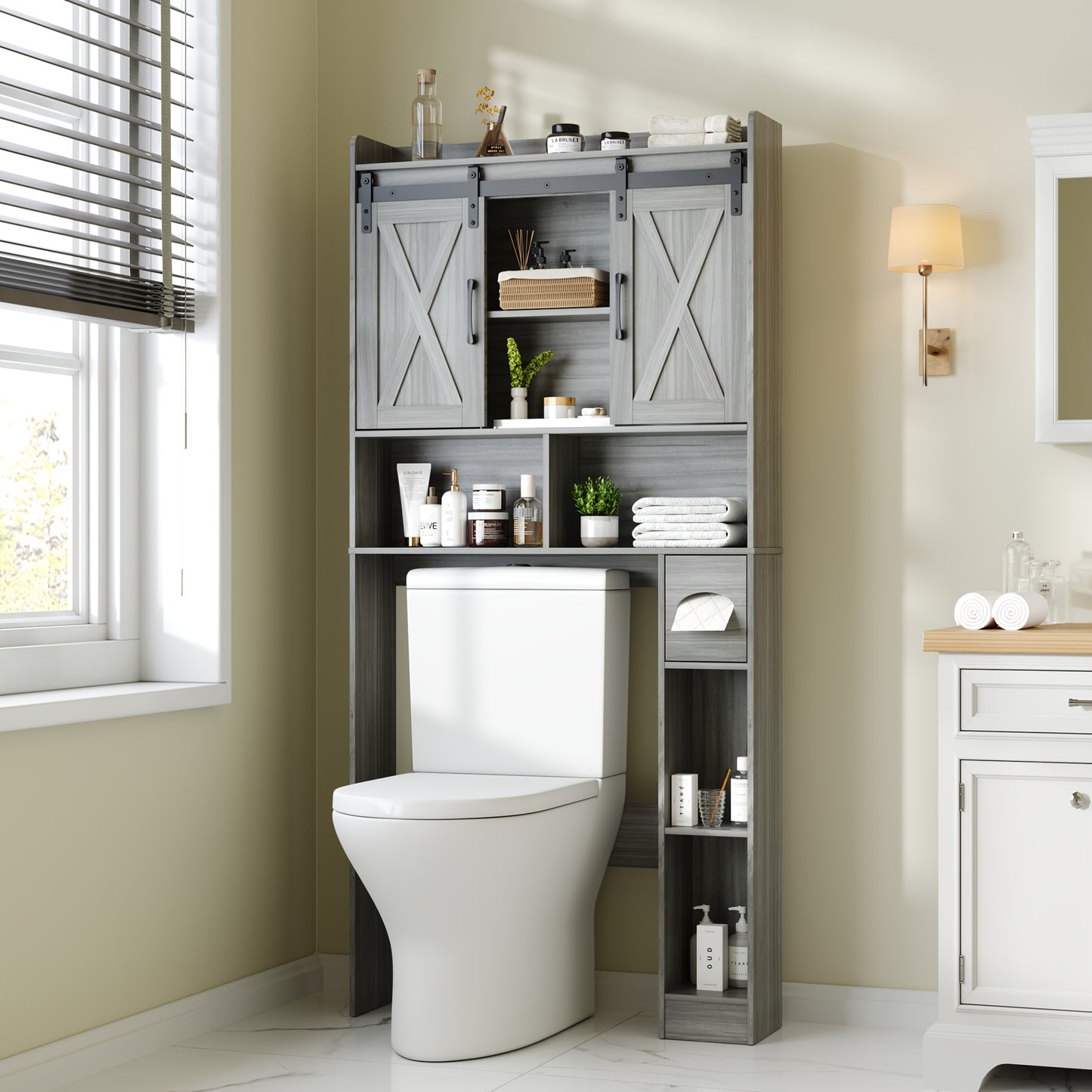 Farmhouse Over Toilet Cabinet With Sliding Doors Particle Board Mount BEFRASES