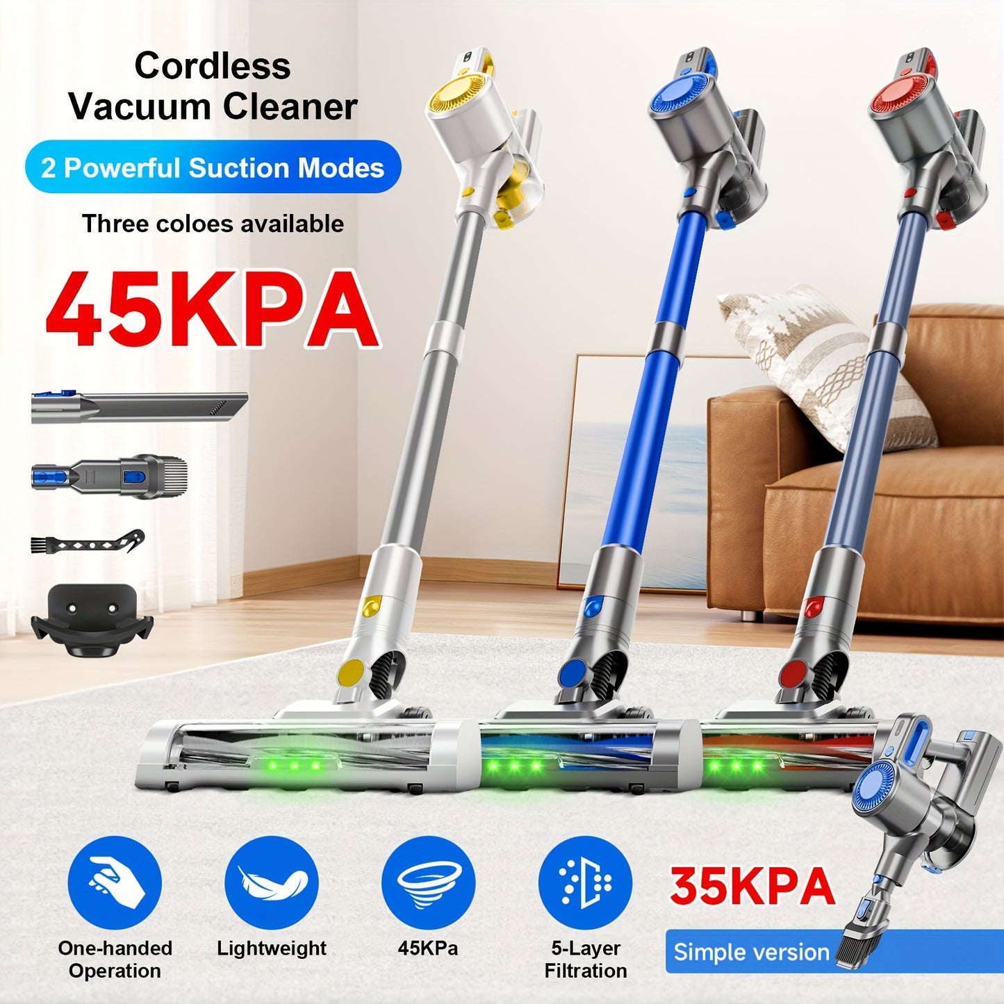 35-45 KPA Cordless Lightweight Vacuum Cleaner With Upgraded Green LED, Anti-tangle Brush, Removable Battery, Multiple Suction Levels, Up To 45 Minutes Of Battery Life, Women's Car Accessories, Vacuum Cleaner For Carpets, Pet