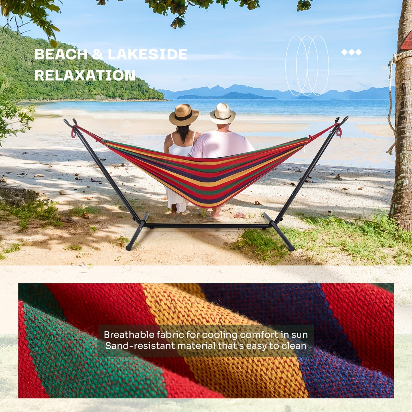 Double Hammock With Space Saving Stand Colorful Stripes 450lbs Capacity Portable
