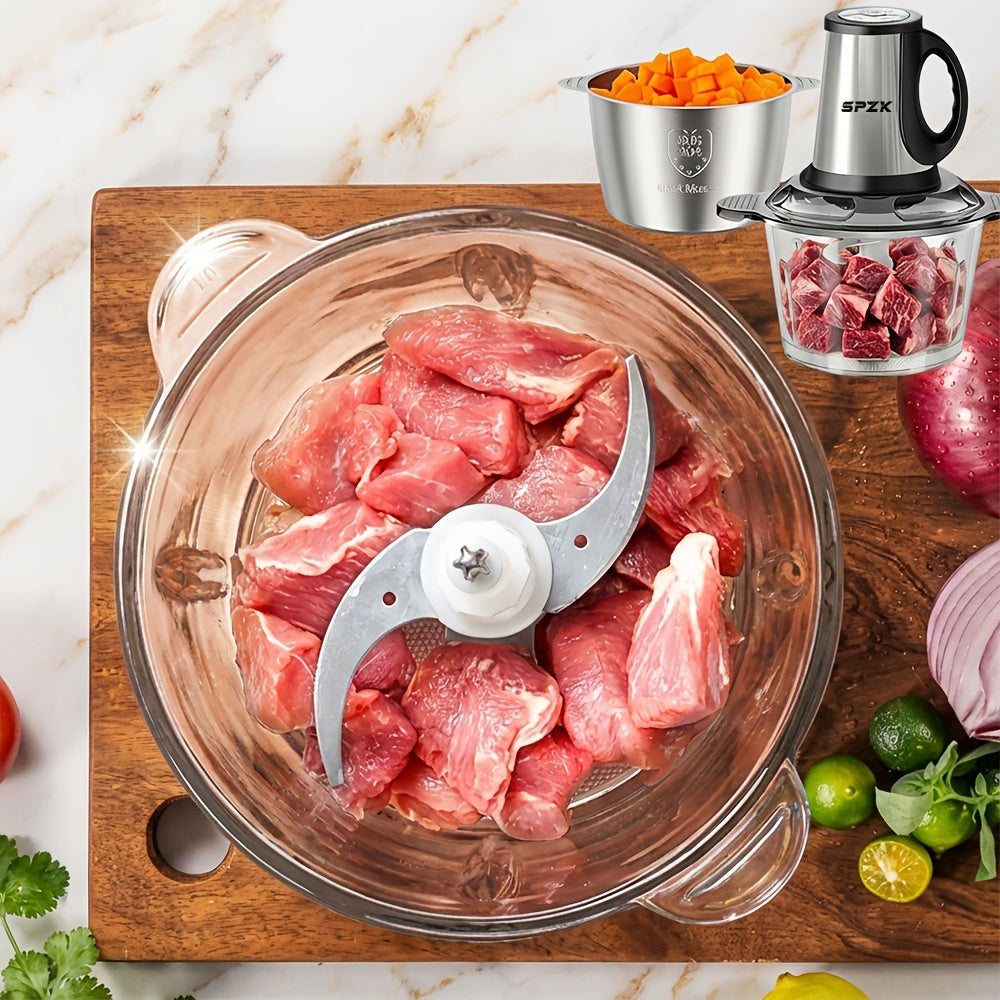 Stainless Steel Electric Food Chopper Meat Grinder With 2 Bowls 2 Blades