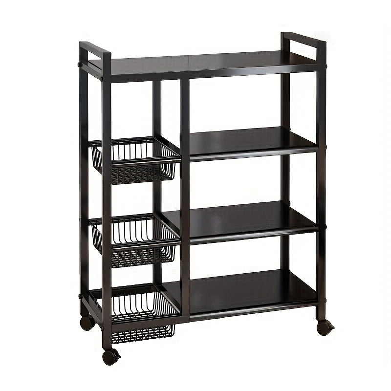 Movable 4-Tier Adjustable Kitchen Storage Rack With Wheels And Wire Baskets