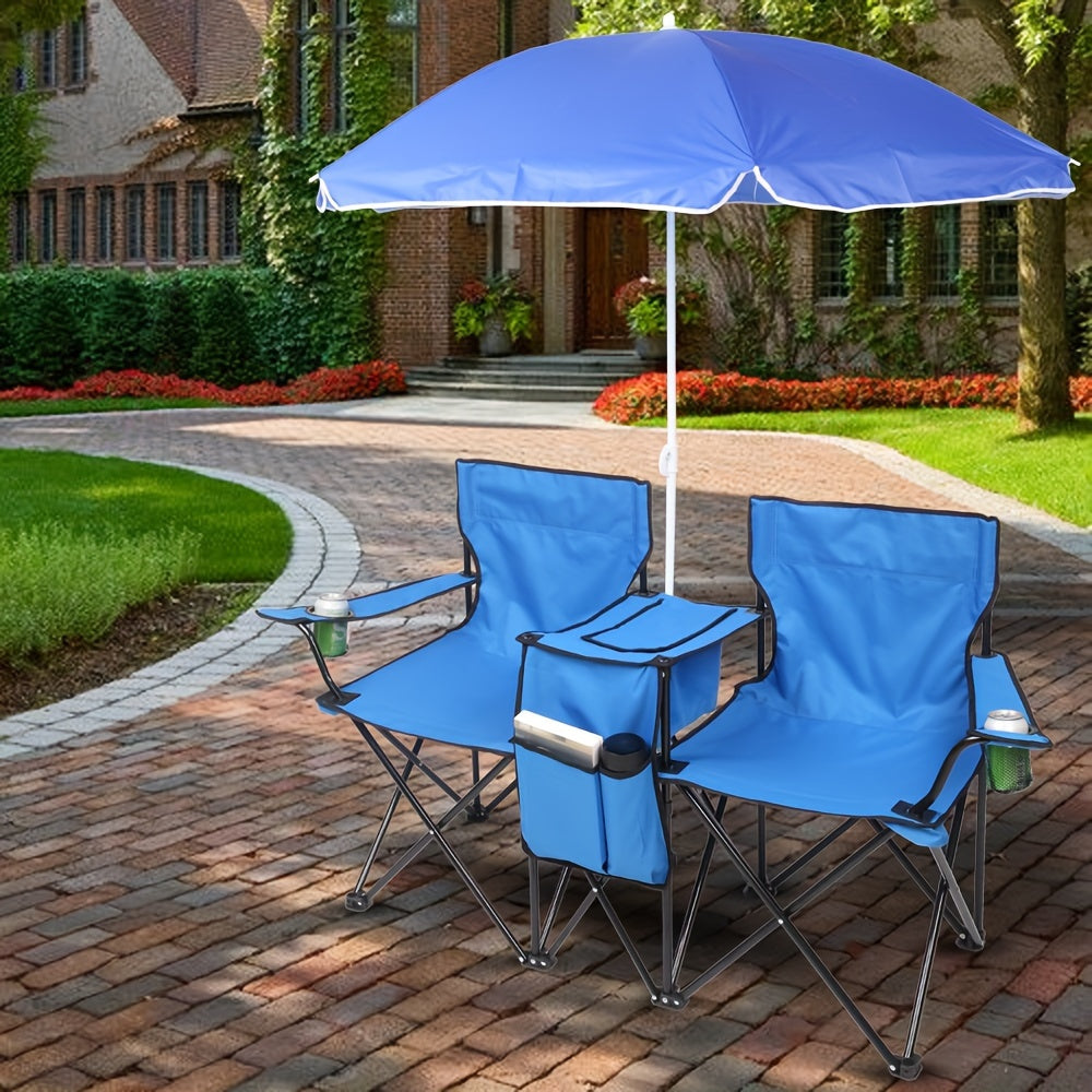 Outdoor Folding Chair 2 Seat Portable With Removable Sun Umbrella Blue