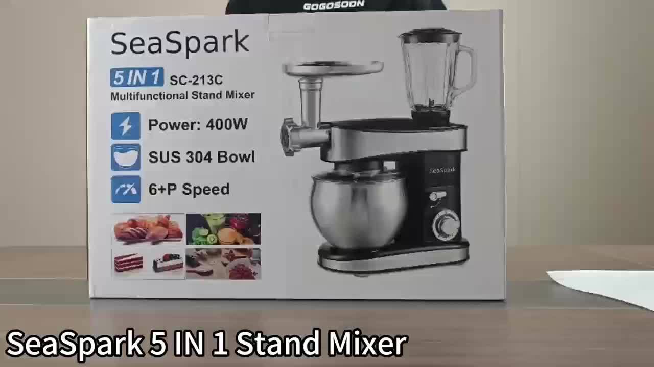 6-in-1 Electric Vertical Mixer, 400W 6-speed with Pulse Button, Accessories with 6.3QT Stainless Steel Bowl, Mixer, Dough Hook, Egg Beater, Spatula, Juicer Accessories, Meat Grinder Accessories and Noodle Pressing Accessories
