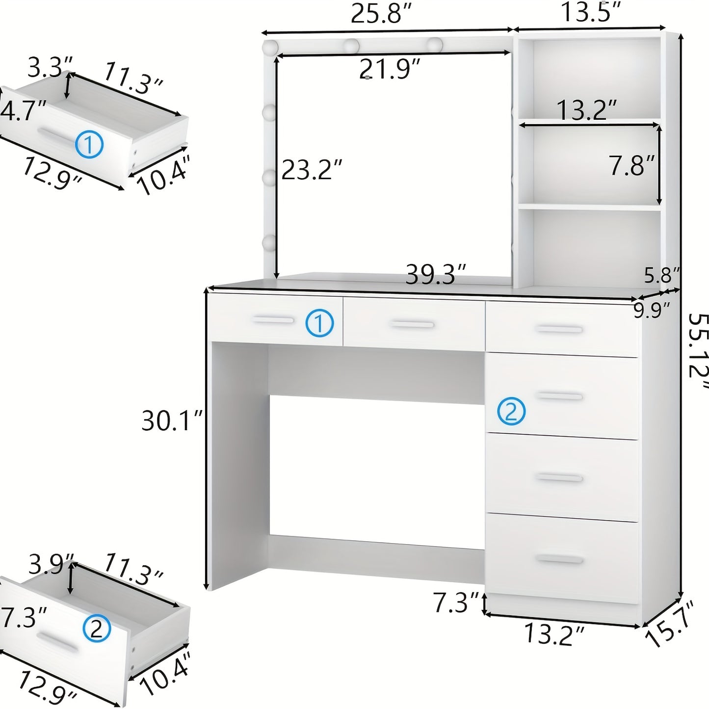 Modern Makeup Vanity Table With Lighted Mirror 6 Drawers 3 Color LED Lights