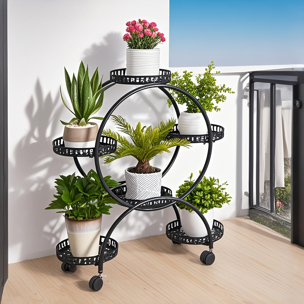6 Pot Metal Plant Stand With Wheels Wrought Iron Garden Cart For Patio