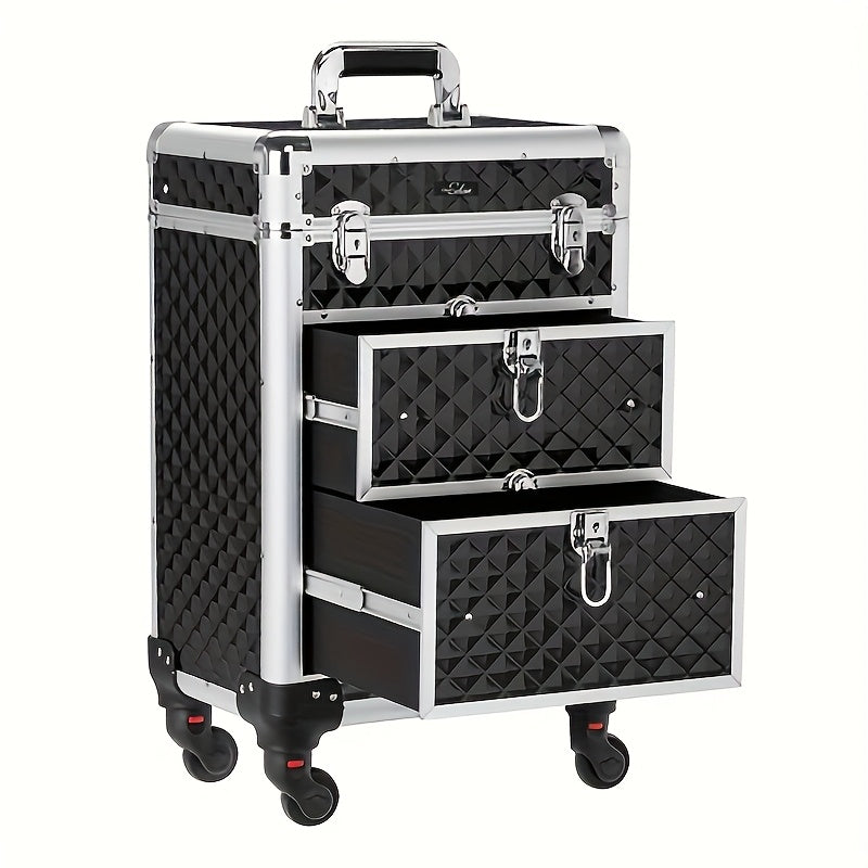 OMYSALON Aluminum Rolling Makeup Train Case Lockable 4 Wheels And 2 Drawers