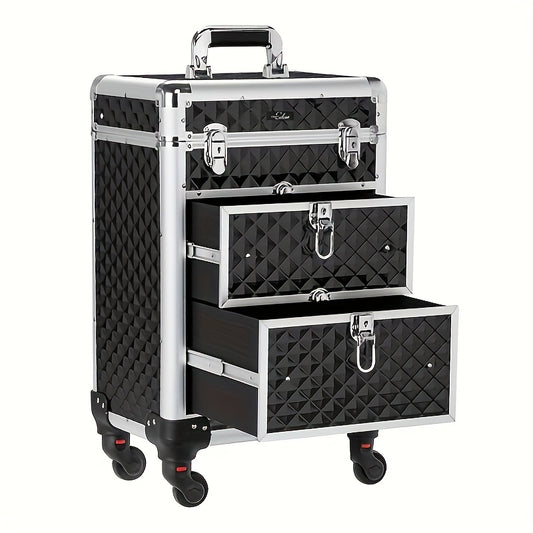OMYSALON Aluminum Rolling Makeup Train Case Lockable 4 Wheels And 2 Drawers