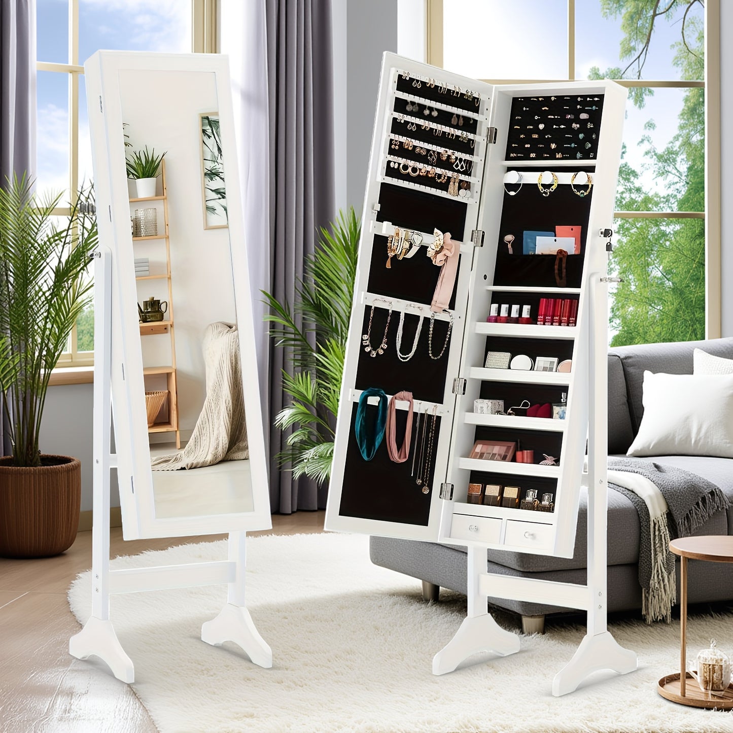 60 Inch Jewelry Armoire With Full Length Mirror And Lockable Velvet Lining