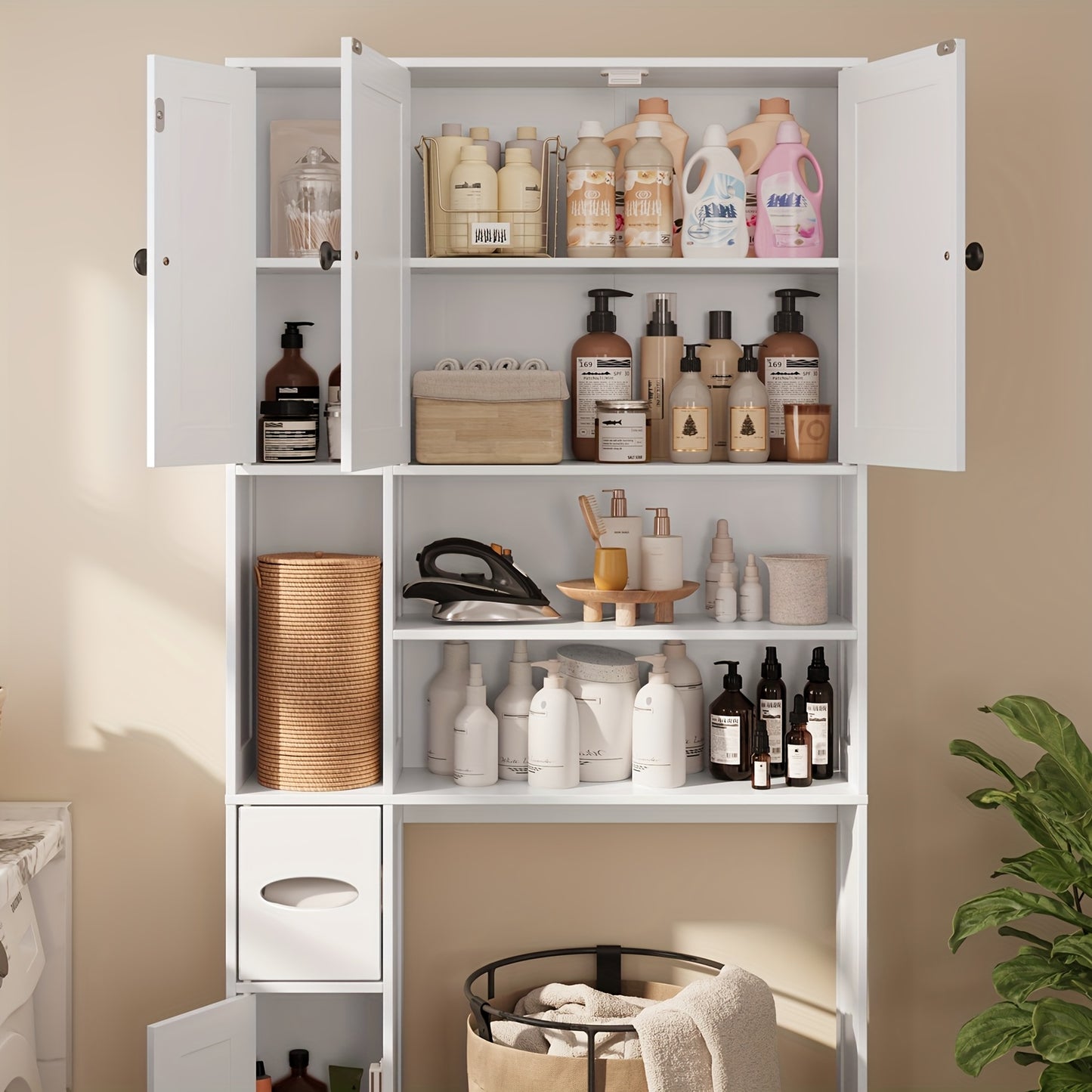 Over The Toilet Storage Cabinet With Adjustable Shelves 5 Doors Bathroom White
