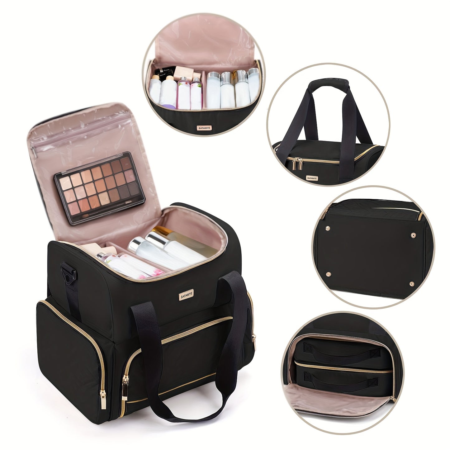 Large Makeup Cosmetic Bag With 2 Removable Cases Double Layer Travel Organizer