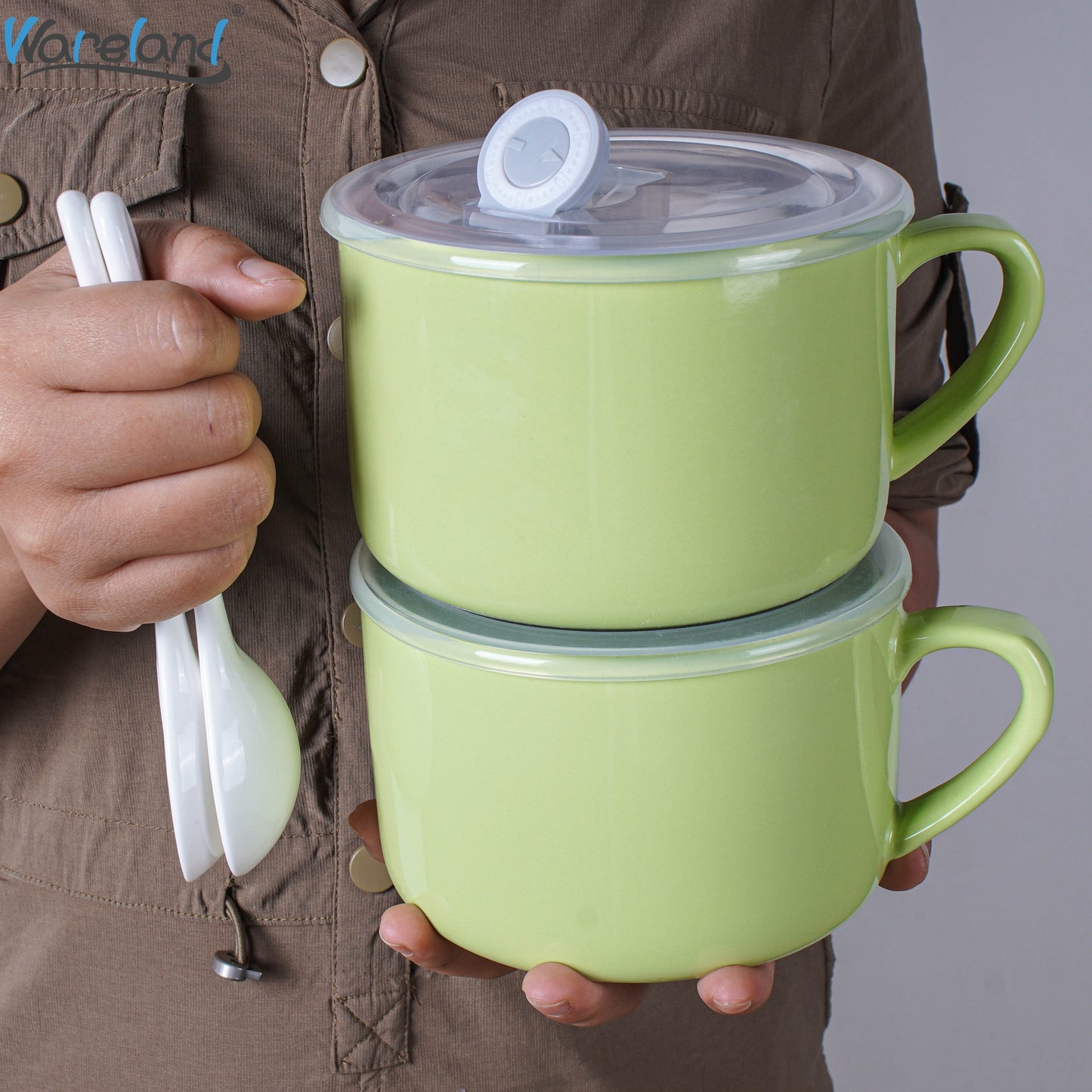 6pcs Soup Bowls with Handles & Spoons, 30oz Ceramic Ramen Bowl with Lid, Large Soup Mugs/Cups for Instant Noodle, Big Cereal Bowls for Oatmeal, Salad Containers with Lids, Mother's Day/Valentine's Day Gift