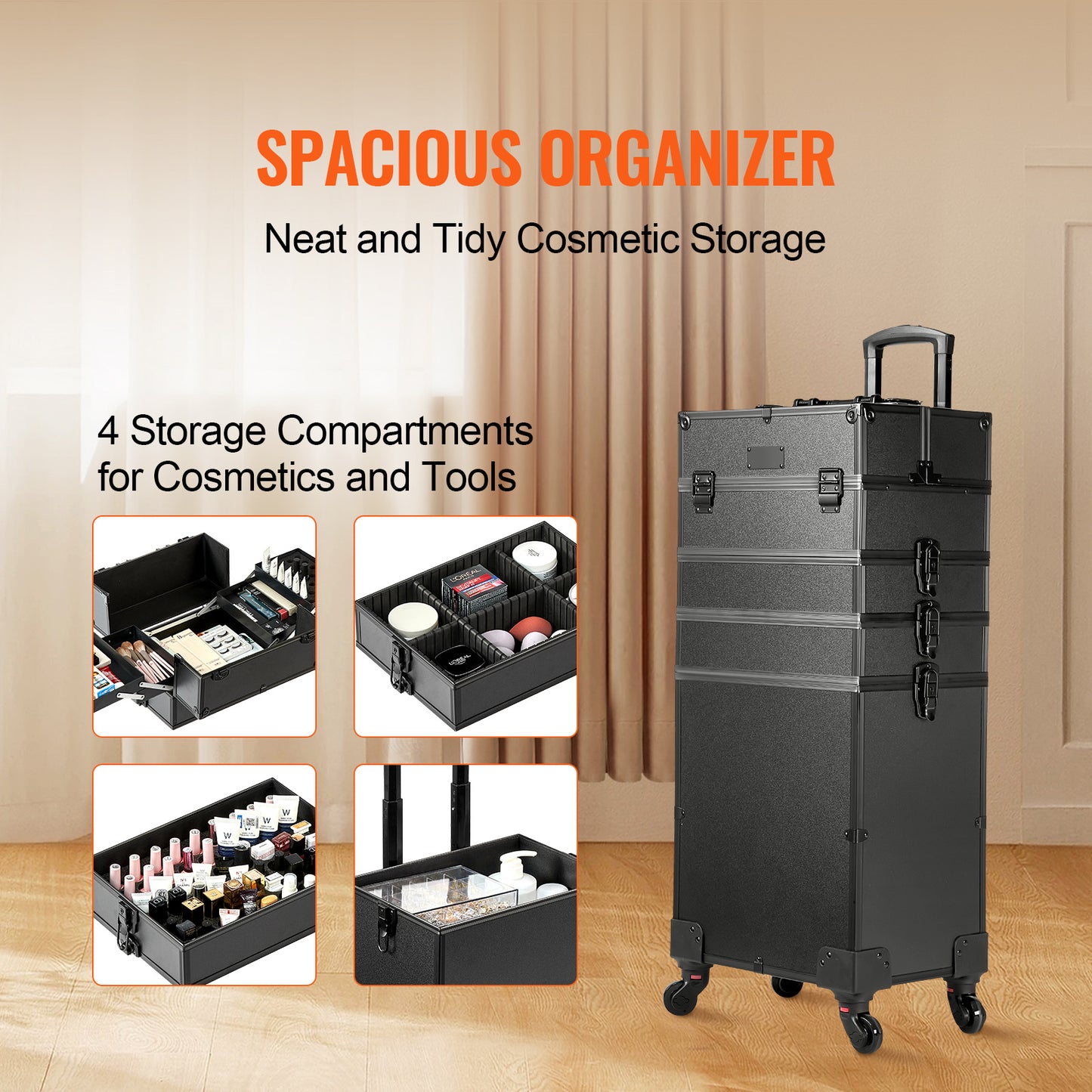 VEVOR 5 In 1 Extra Large Professional Makeup Train Case Rolling Case Black