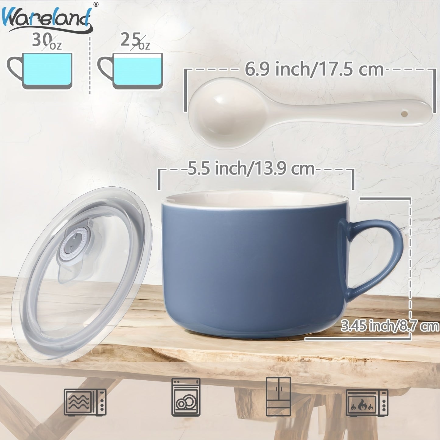 6pcs Soup Bowls with Handles & Spoons, 30oz Ceramic Ramen Bowl with Lid, Large Soup Mugs/Cups for Instant Noodle, Big Cereal Bowls for Oatmeal, Salad Containers with Lids, Mother's Day/Valentine's Day Gift