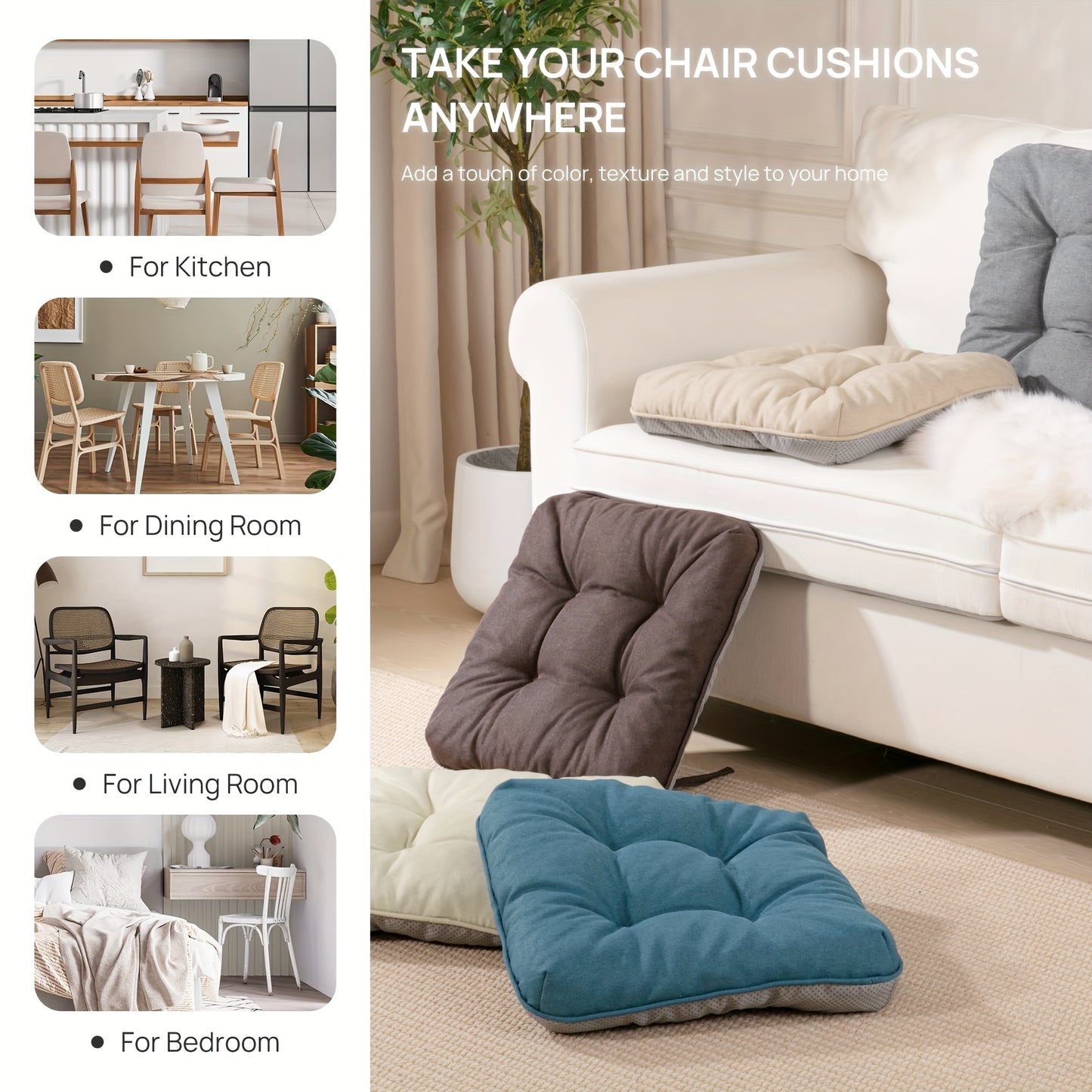 Chair Cushions Set Of 4, Kitchen Chair Cushions with Non-Slip Backing, Seat Cushions for Kitchen Chairs, Indoor Chair Pads with Ties