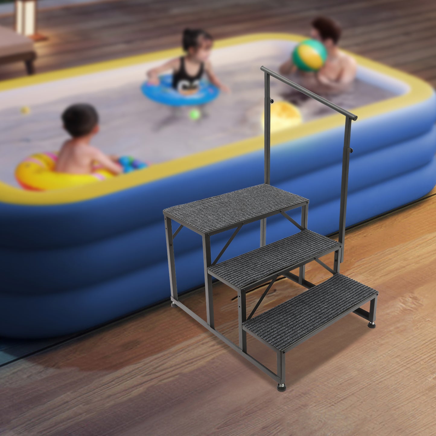 [Heavy Duty RV Ladder] Heavy Duty 3-Step RV Step Ladder with Non-Slip Steps & Handrail | 450lb Capacity, Steel Construction, Adjustable Foot Pads - Commercial/Residential Use for RV, Pool, Stage, Truck, Home - Elderly & Disab