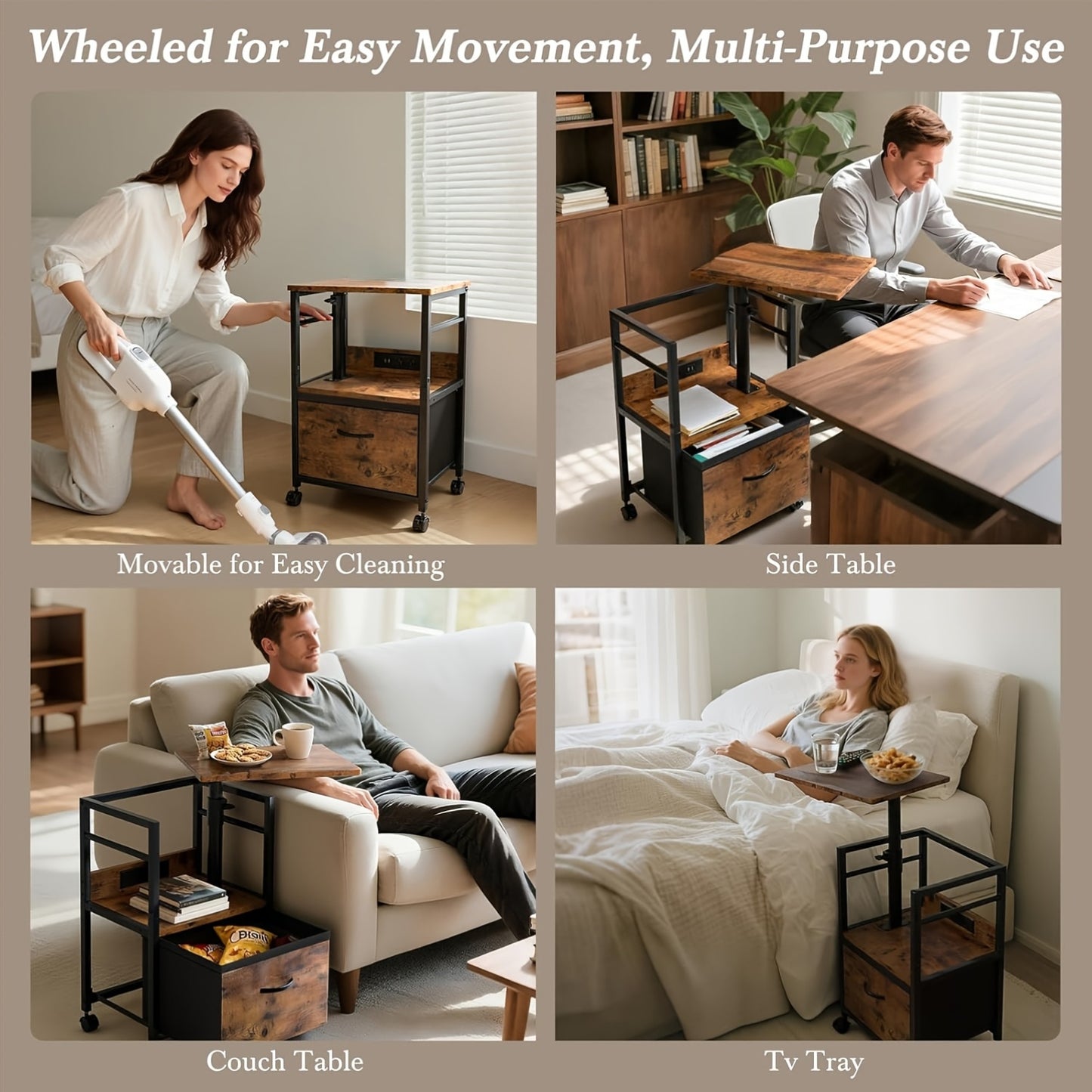 2 Tier Swivel Lift Top Nightstand With Charging Station And Wheels Rustic Brown