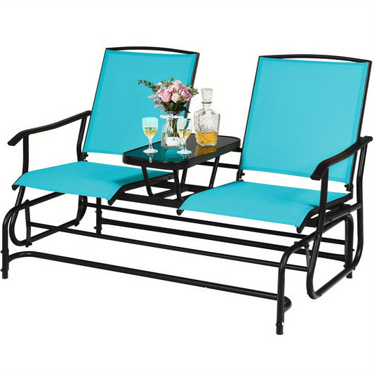 Costway Two Person Turquoise Glider Rocking Chair Loveseat Glass Table 530 Lb