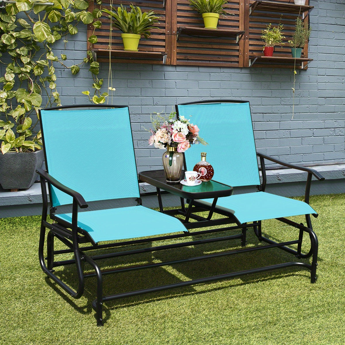 Costway Two Person Turquoise Glider Rocking Chair Loveseat Glass Table 530 Lb