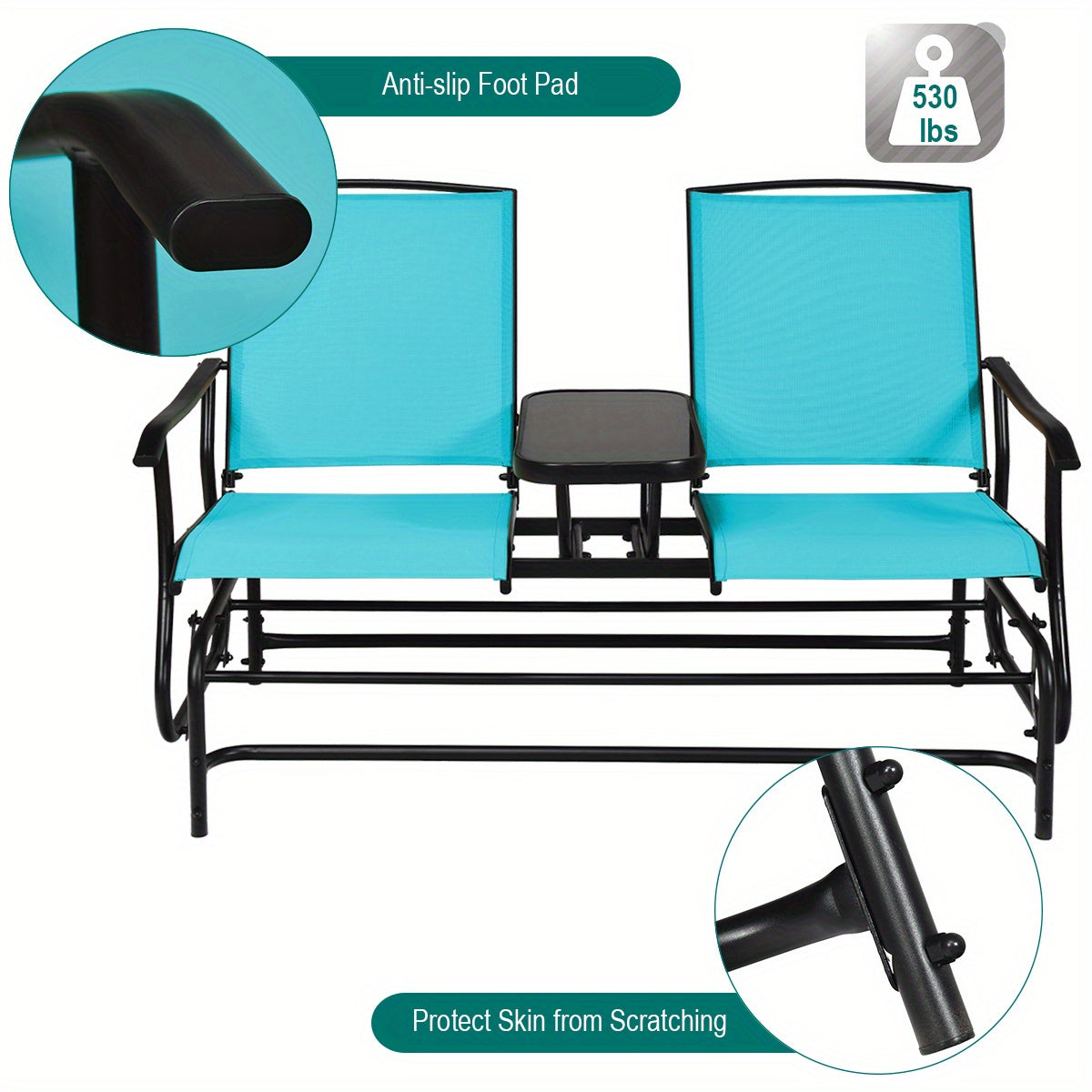 Costway Two Person Turquoise Glider Rocking Chair Loveseat Glass Table 530 Lb