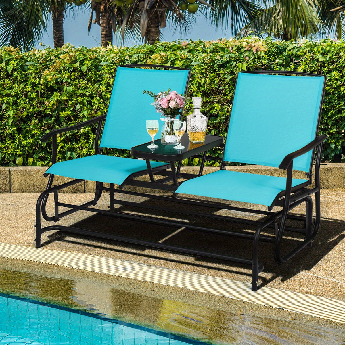 Costway Two Person Turquoise Glider Rocking Chair Loveseat Glass Table 530 Lb