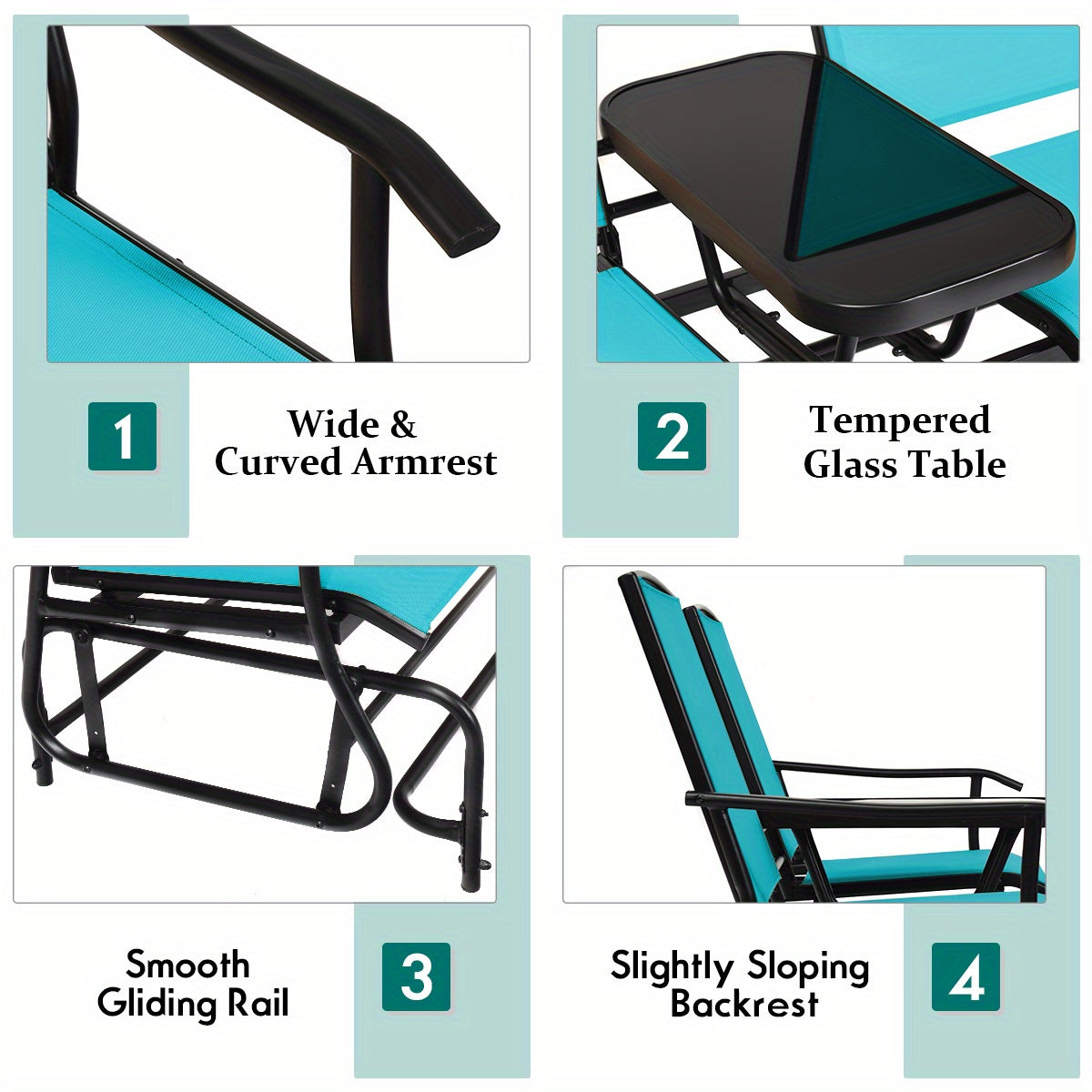 Costway Two Person Turquoise Glider Rocking Chair Loveseat Glass Table 530 Lb