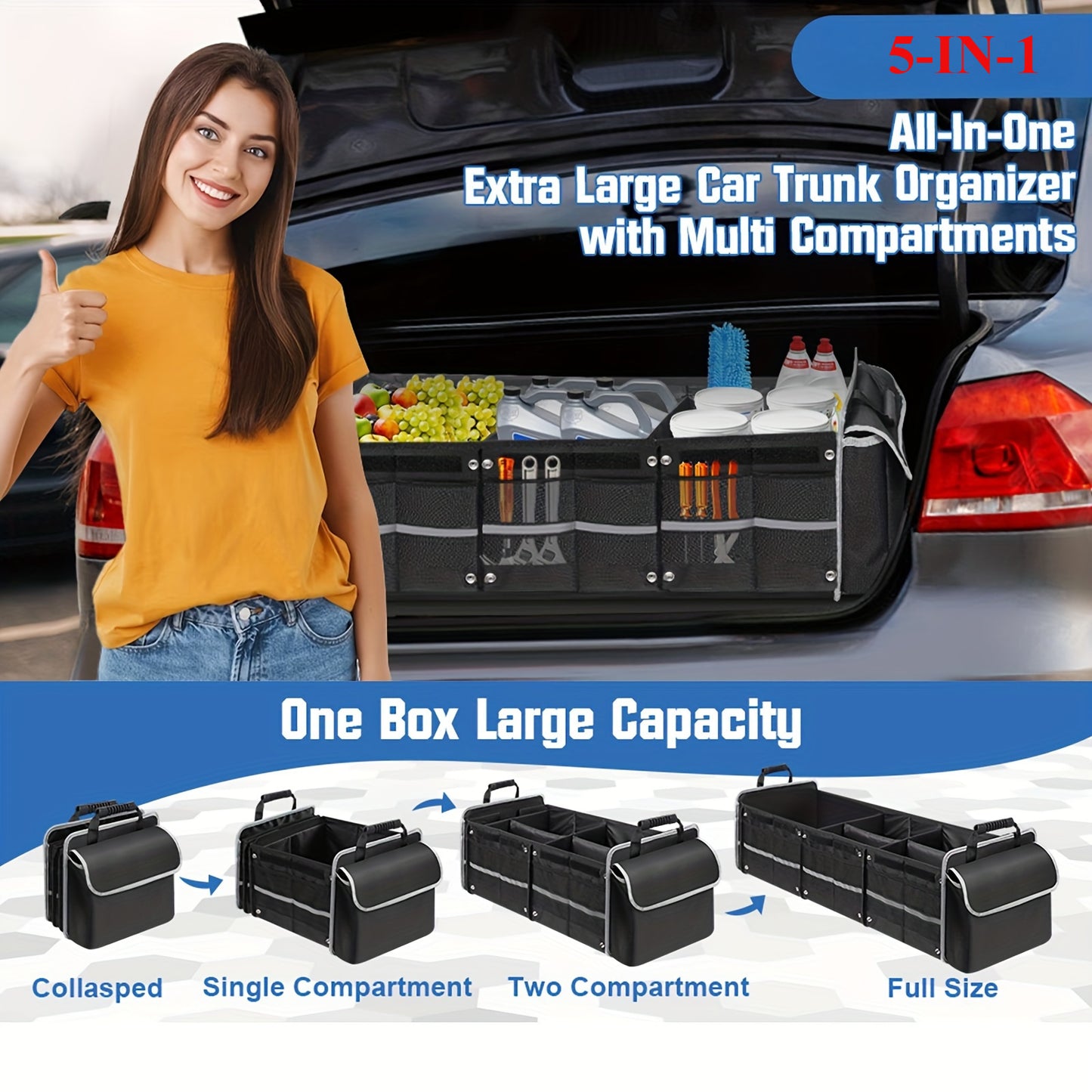 [5-in-1 Car Trunk Organizer] 5-in-1 Collapsible Car Trunk Organizer with Insulated Leak Proof Cooler Bag, 3 Compartments SUV Cargo Organizer Removable Dividers, Foldable Lid and 2 Tie-Down Straps