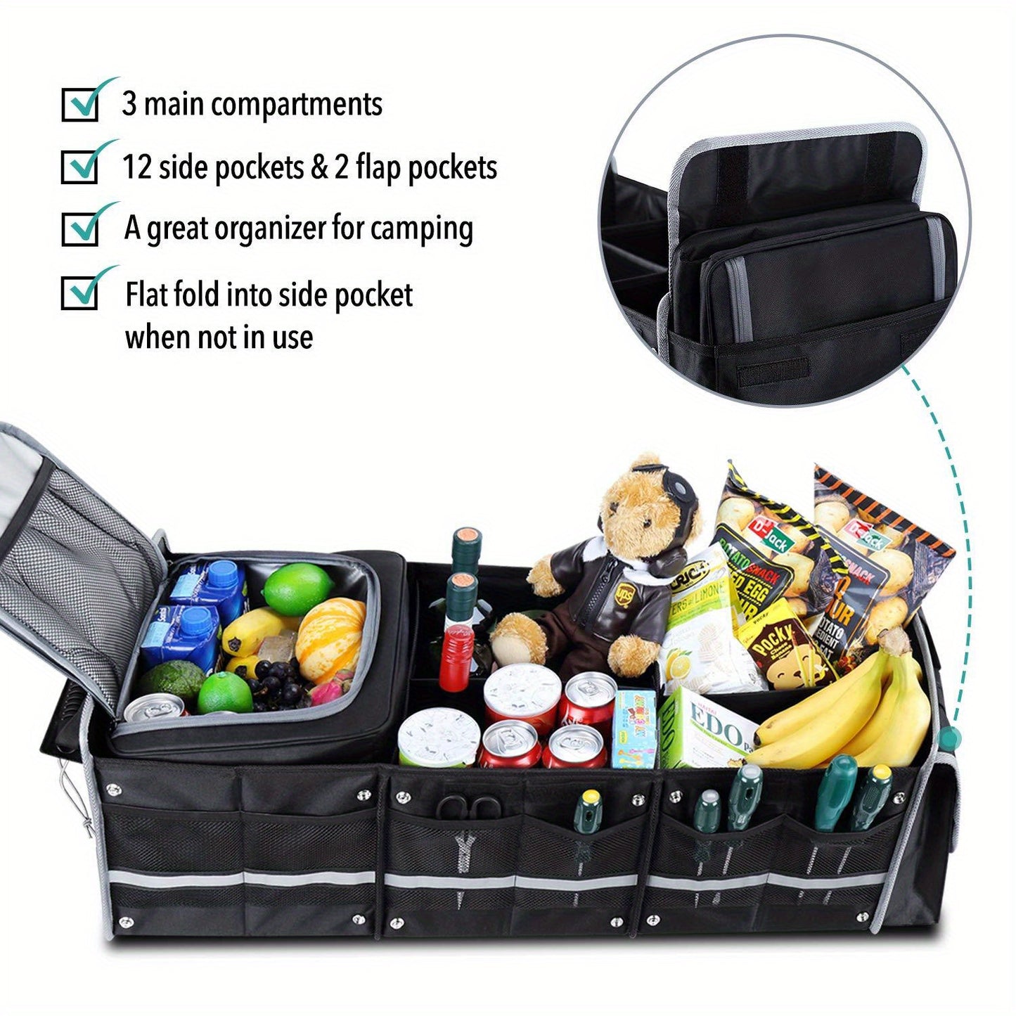 [5-in-1 Car Trunk Organizer] 5-in-1 Collapsible Car Trunk Organizer with Insulated Leak Proof Cooler Bag, 3 Compartments SUV Cargo Organizer Removable Dividers, Foldable Lid and 2 Tie-Down Straps