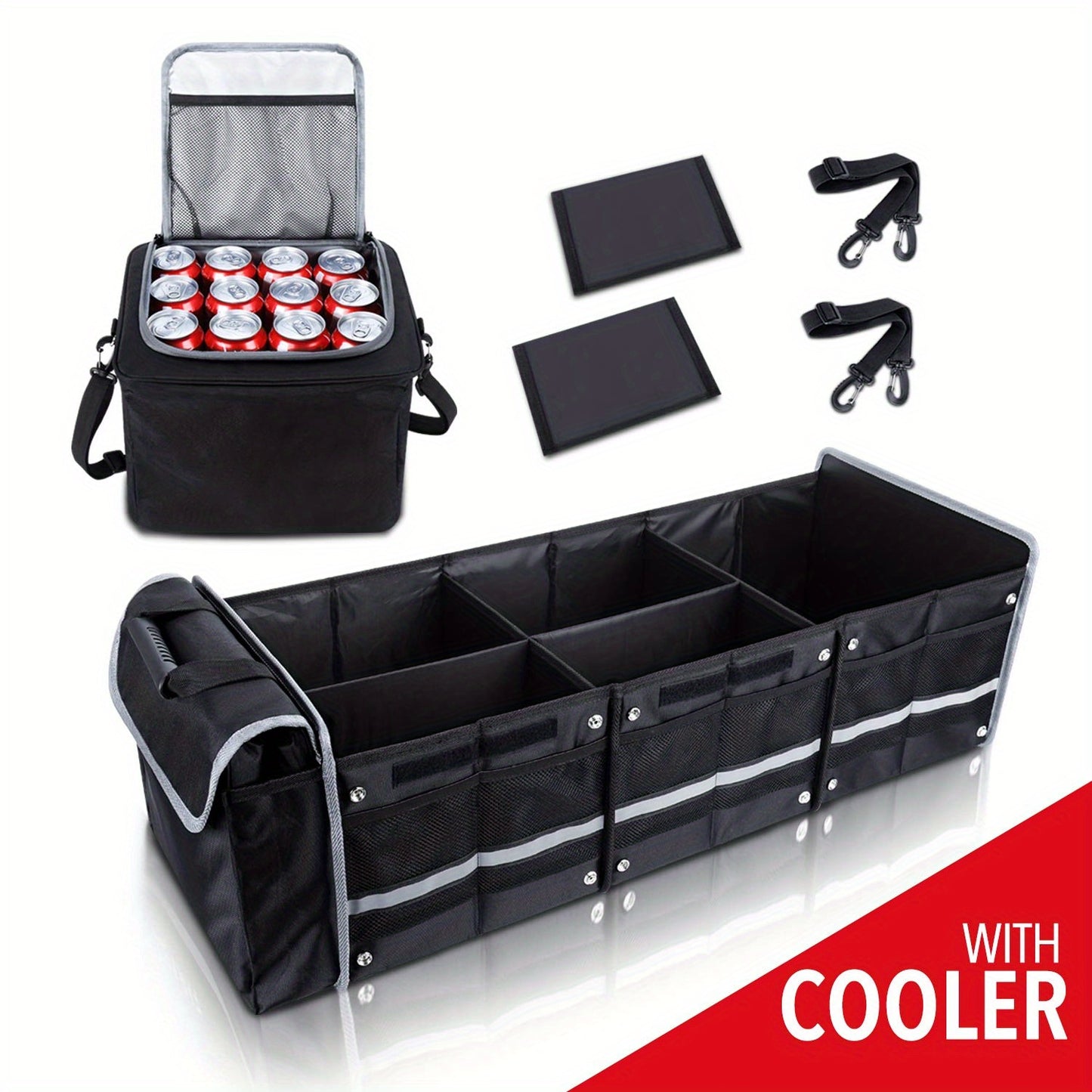 [5-in-1 Car Trunk Organizer] 5-in-1 Collapsible Car Trunk Organizer with Insulated Leak Proof Cooler Bag, 3 Compartments SUV Cargo Organizer Removable Dividers, Foldable Lid and 2 Tie-Down Straps