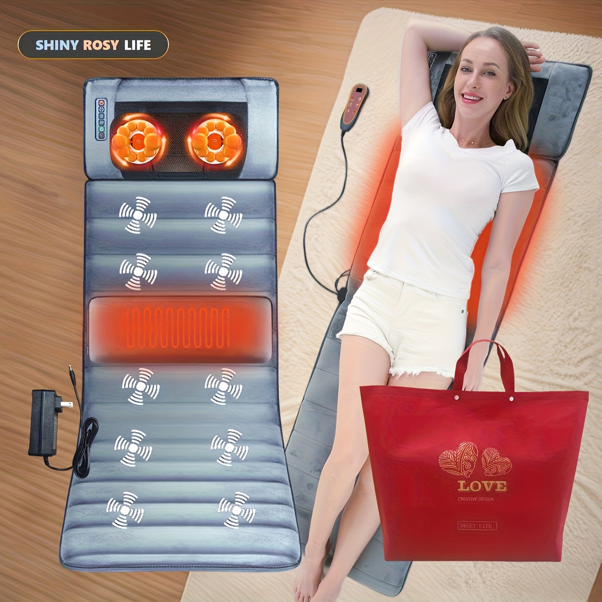Full Body Massage Mattress Neck Kneading Acupressure Heating 10 Zone Vibration