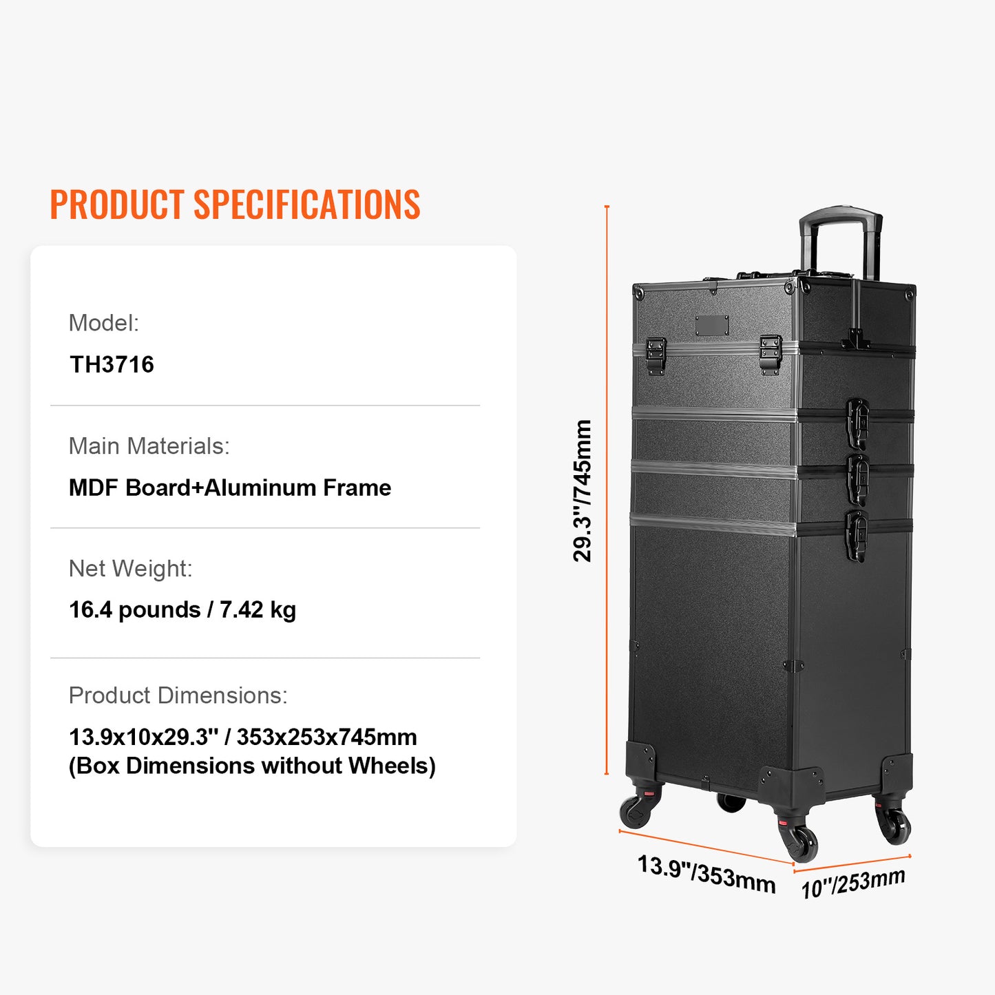 VEVOR 5 In 1 Extra Large Professional Makeup Train Case Rolling Case Black