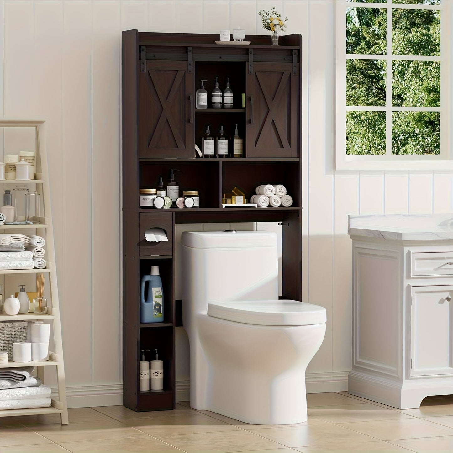 Farmhouse Over Toilet Cabinet With Sliding Doors Particle Board Mount BEFRASES