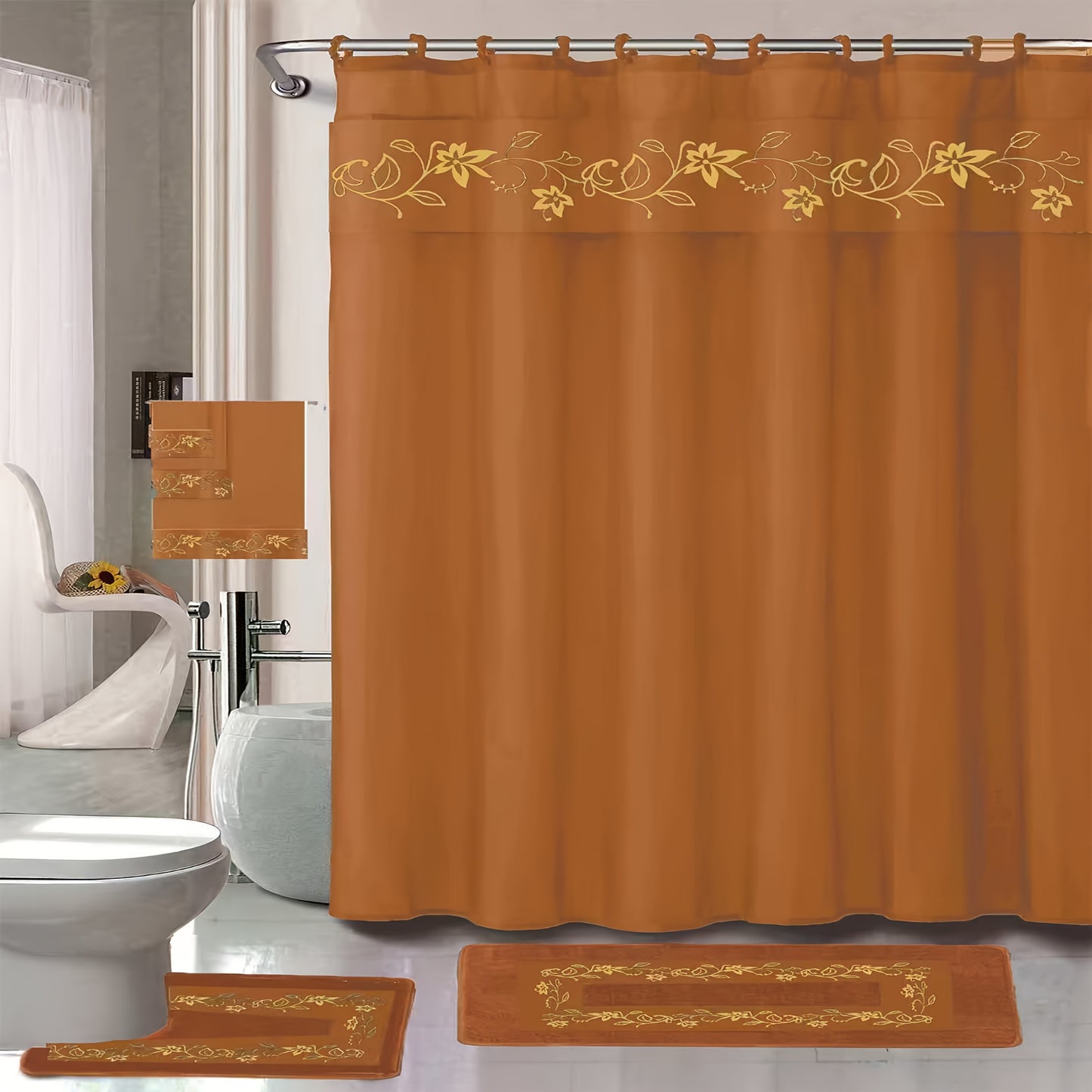 Shower Curtain Set With Embroidery And Non Slip Bath Rug Mats 3 Piece Towel Set