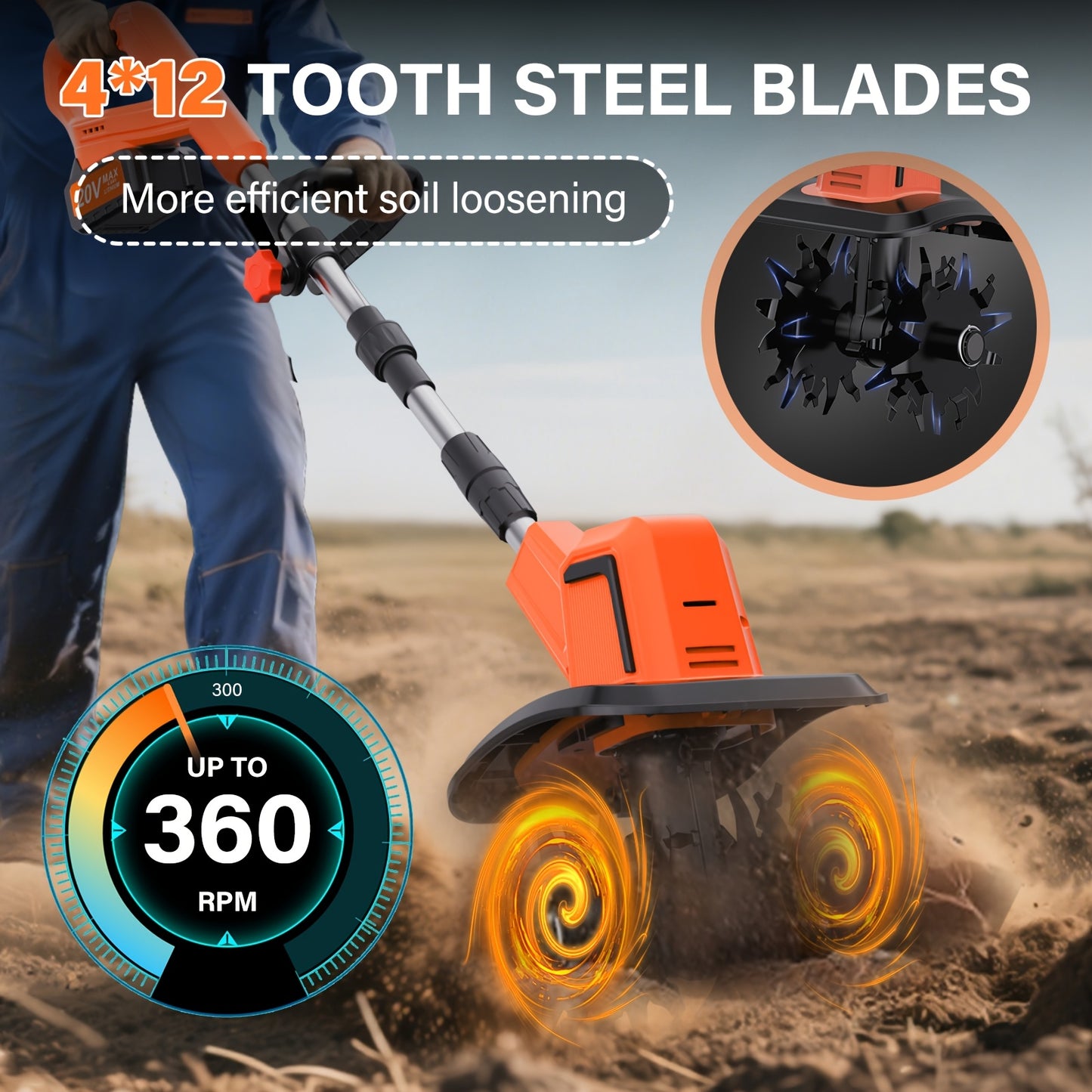 Cordless 20V Garden Tiller Rotary 9 Inch 360 RPM Portable