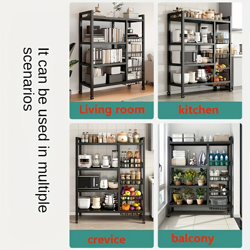 Movable 4-Tier Adjustable Kitchen Storage Rack With Wheels And Wire Baskets