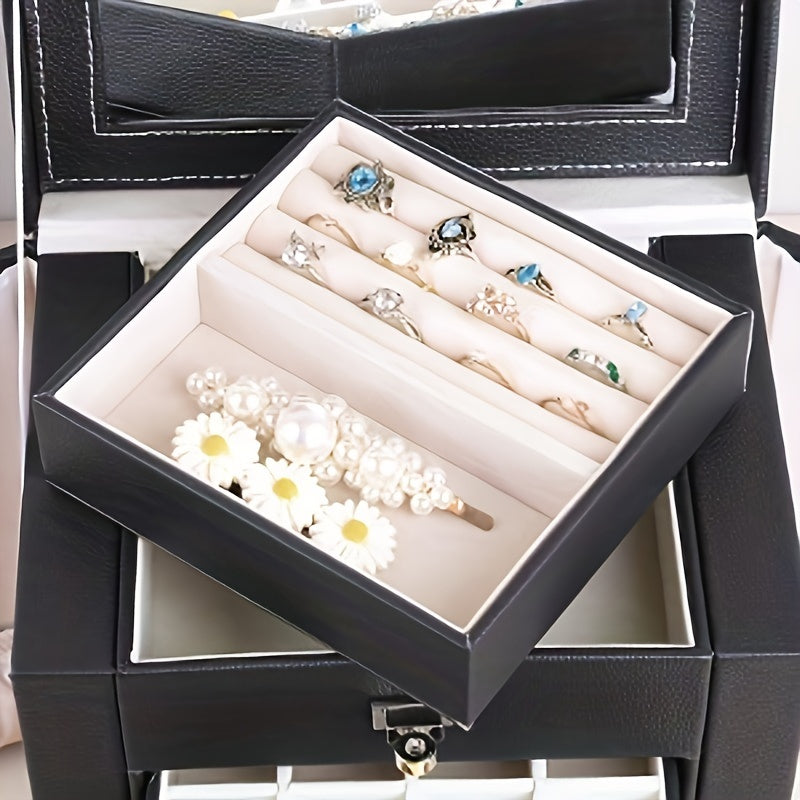 6 Layer Jewelry Storage Box With Mirror Black PU Leather 5 Drawers Necklace