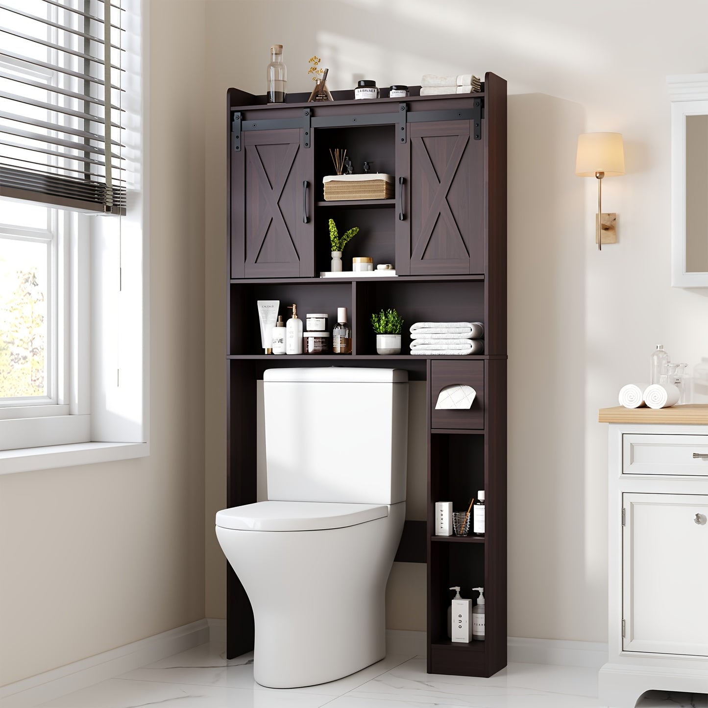 Over The Toilet Storage Cabinet With Toilet Paper Holder Stand Space Saving Grey