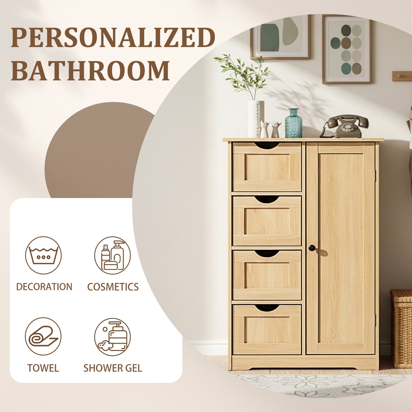 4 Drawer Bathroom Vanity Cabinet With Door Natural Wood Laminate 56x30x80cm