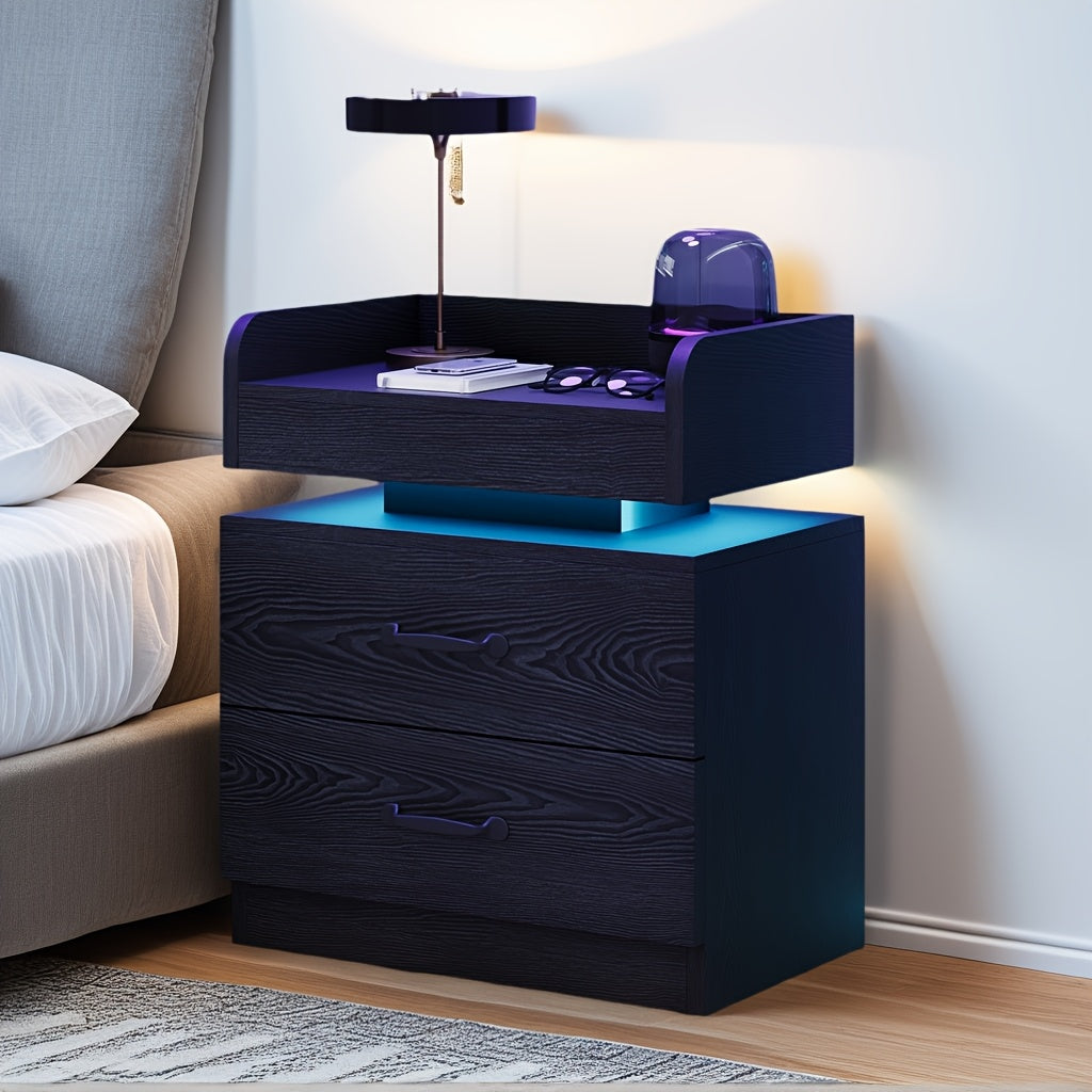 Nightstand With Charging Station And LED Lights Modern End Table With 2 Drawers