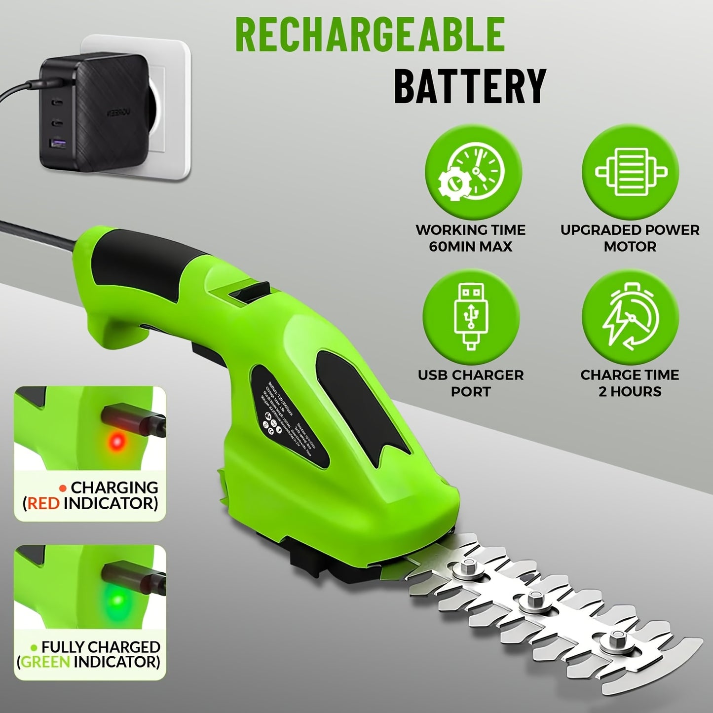 2-In-1 Cordless Hedge Trimmer And Grass Shears 1500mAh Battery Powered