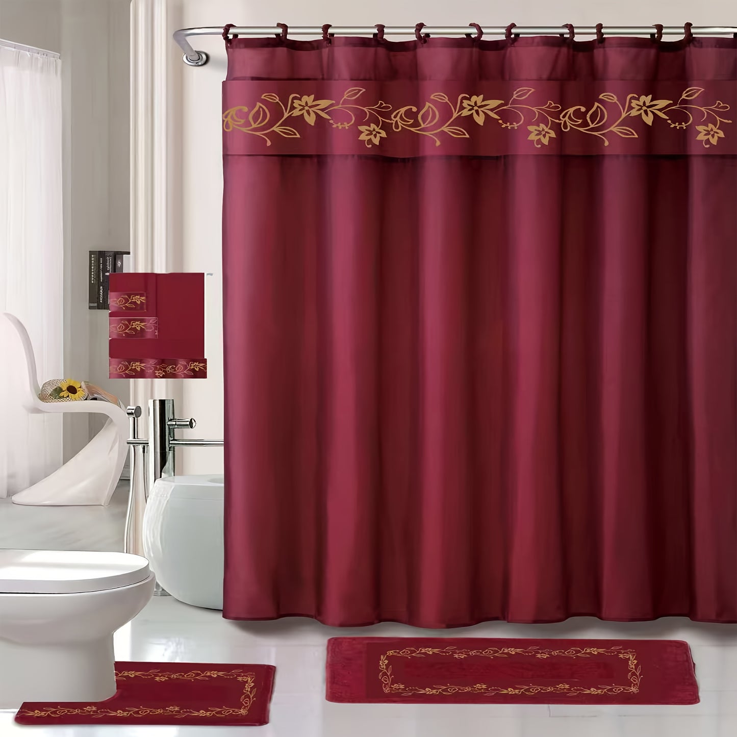 Shower Curtain Set With Embroidery And Non Slip Bath Rug Mats 3 Piece Towel Set