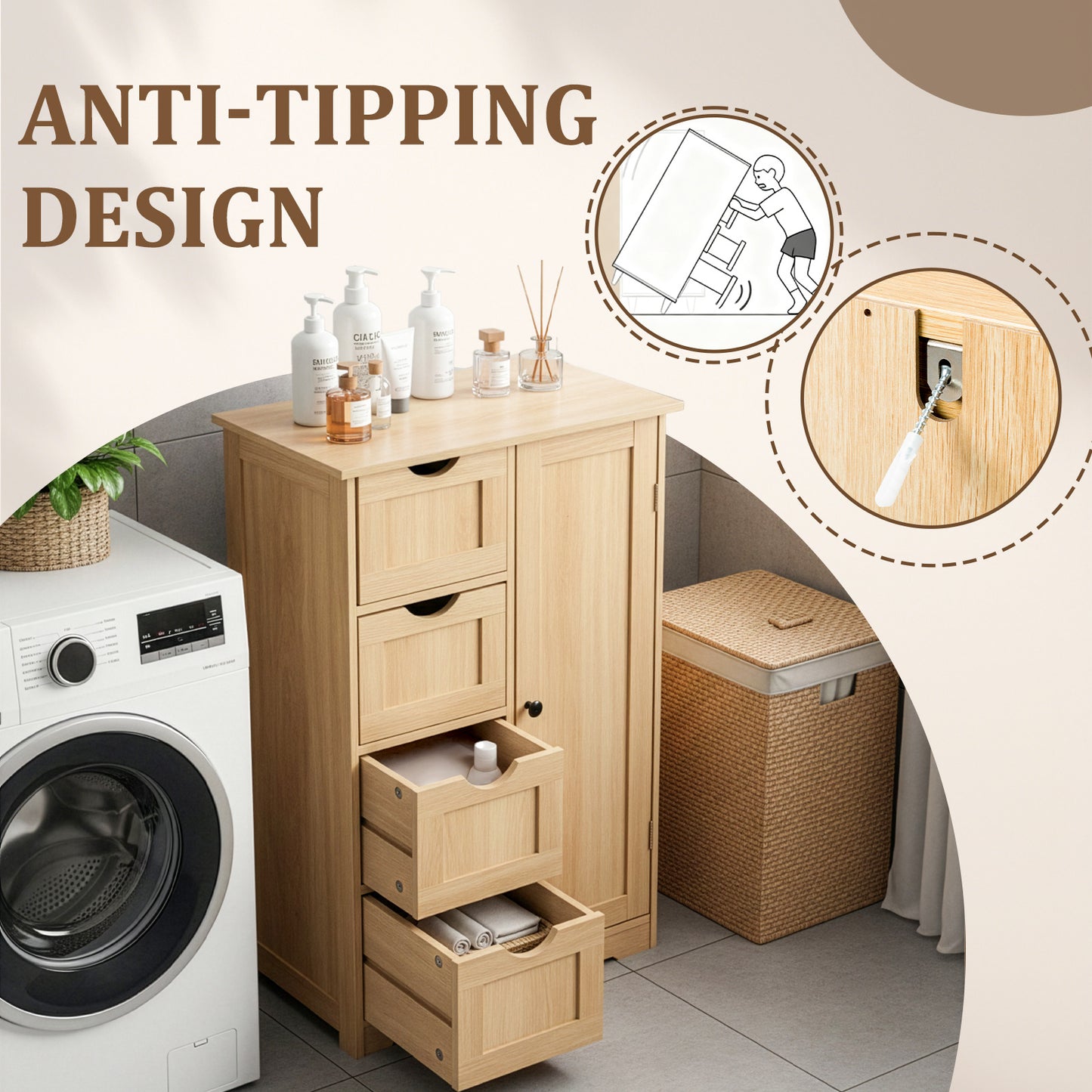 4 Drawer Bathroom Vanity Cabinet With Door Natural Wood Laminate 56x30x80cm