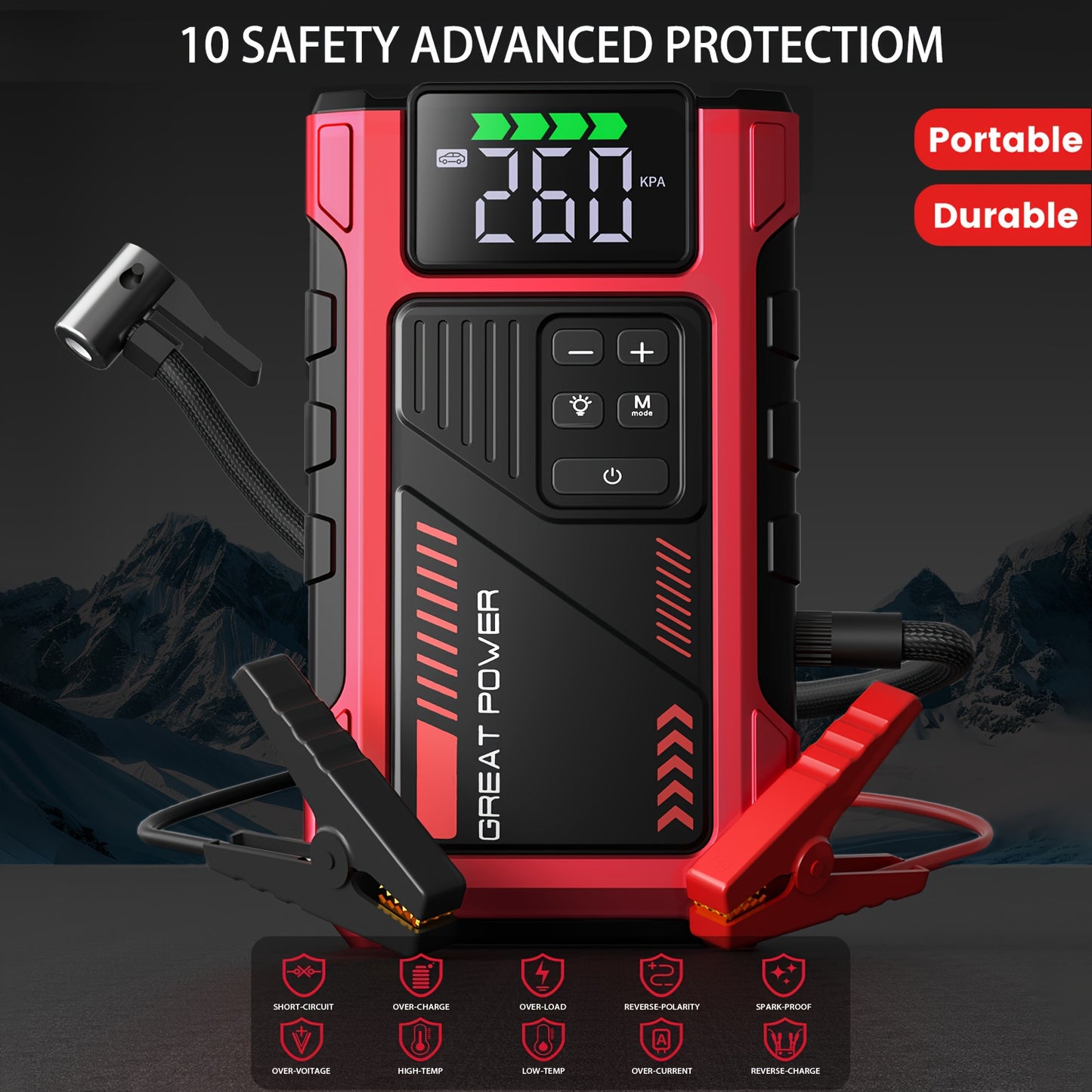5000A Portable Wireless Car Jump Starter With Air Compressor And USB Output