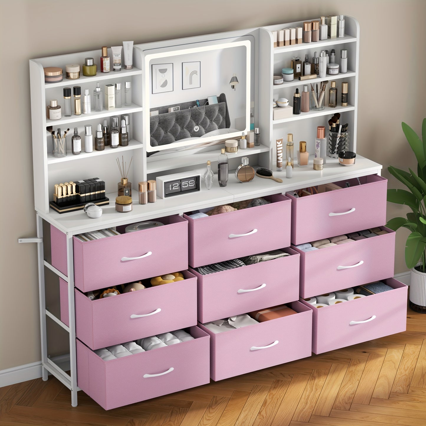 Makeup Vanity With Mirror 9 Fabric Drawers 8 Shelves 3 Lighting Colors White