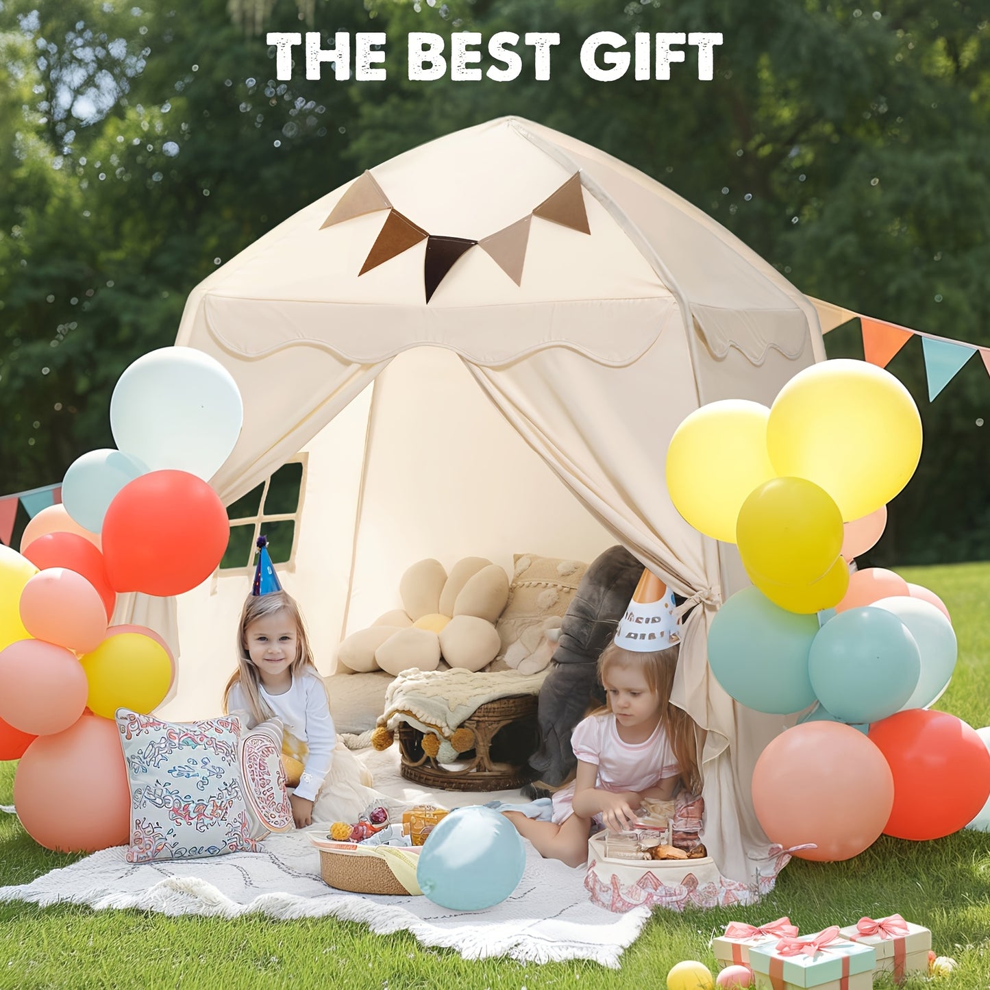 Extra Large Kids Play Tent With Flags, Portable & Foldable Teepee, Indoor Outdoor Dome Tent Playhouse, Bed Tent Bed Canopy For Boys & Girls, 59x39x59 In, Toys Not Include, Christmas & Halloween