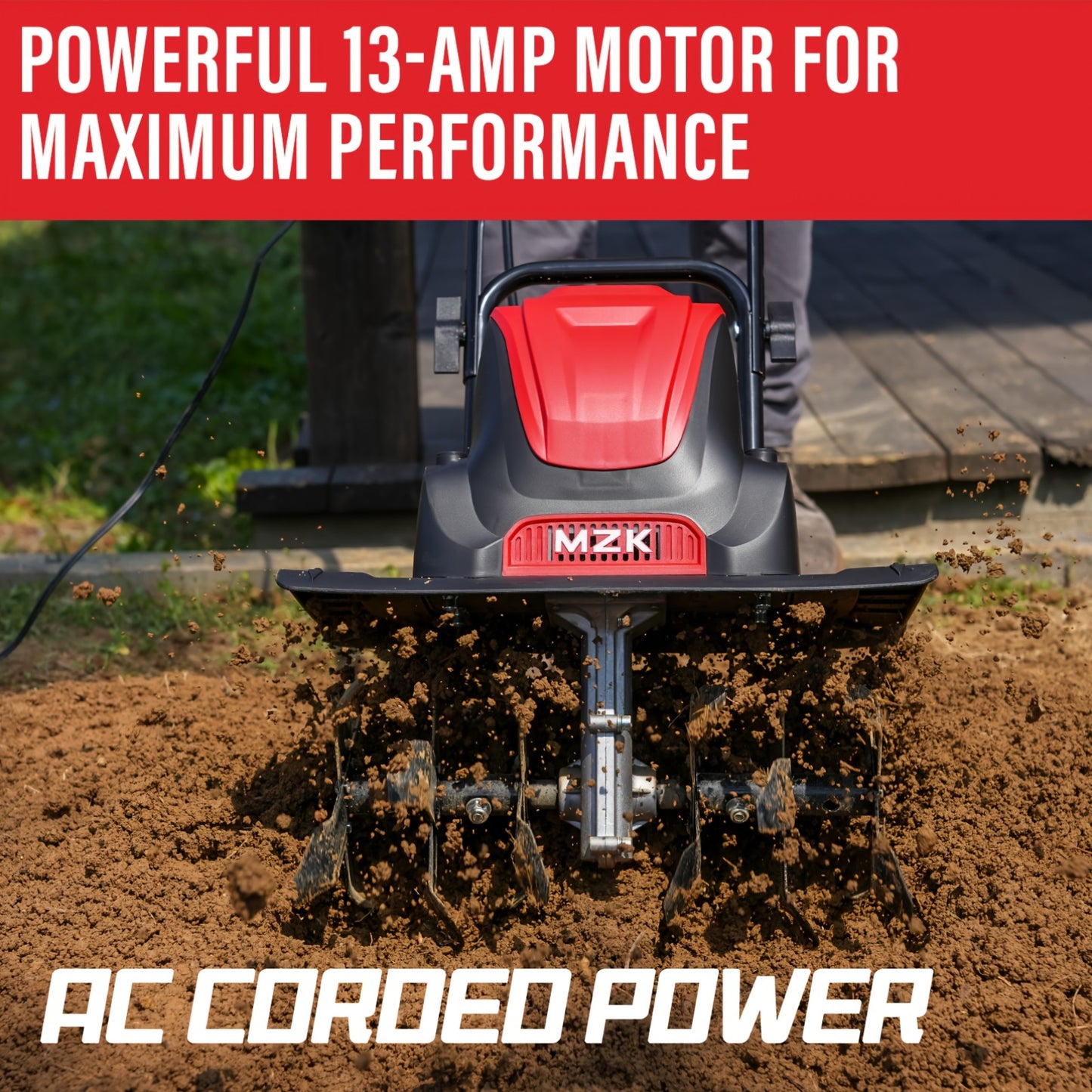 MZK 13.5 Amp Corded Tiller Cultivator 16in Width 8in Depth Adjustable Wheels
