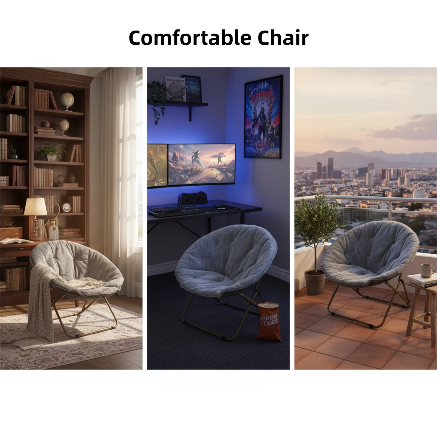 Faux Fur Saucer Chair XL Circle Seat For Bedroom Dorm And Gaming Foldable