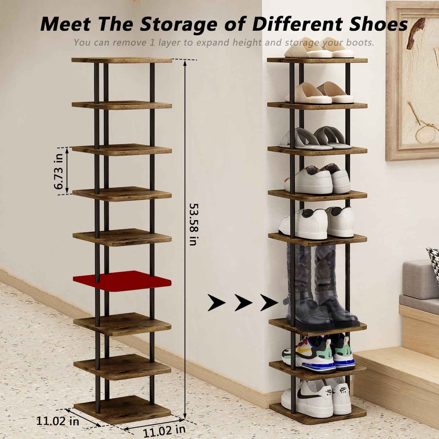 9 Tier Narrow Metal Shoe Rack - Modern Free Standing Vertical Storage Organizer for Closet Entryway Bedroom
