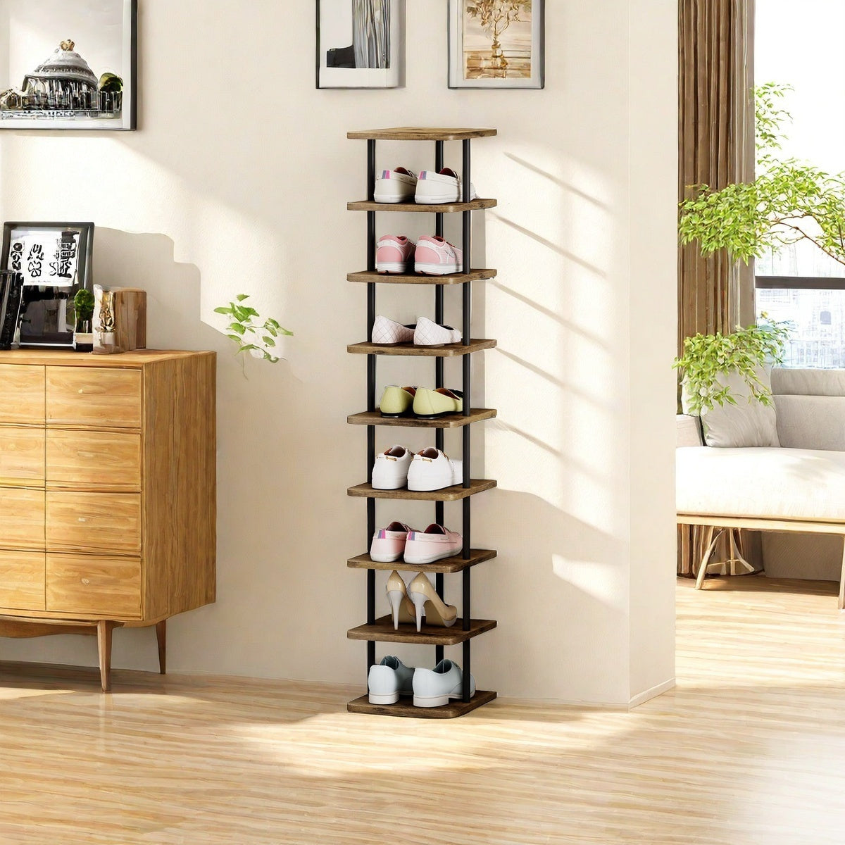 9 Tier Narrow Metal Shoe Rack - Modern Free Standing Vertical Storage Organizer for Closet Entryway Bedroom