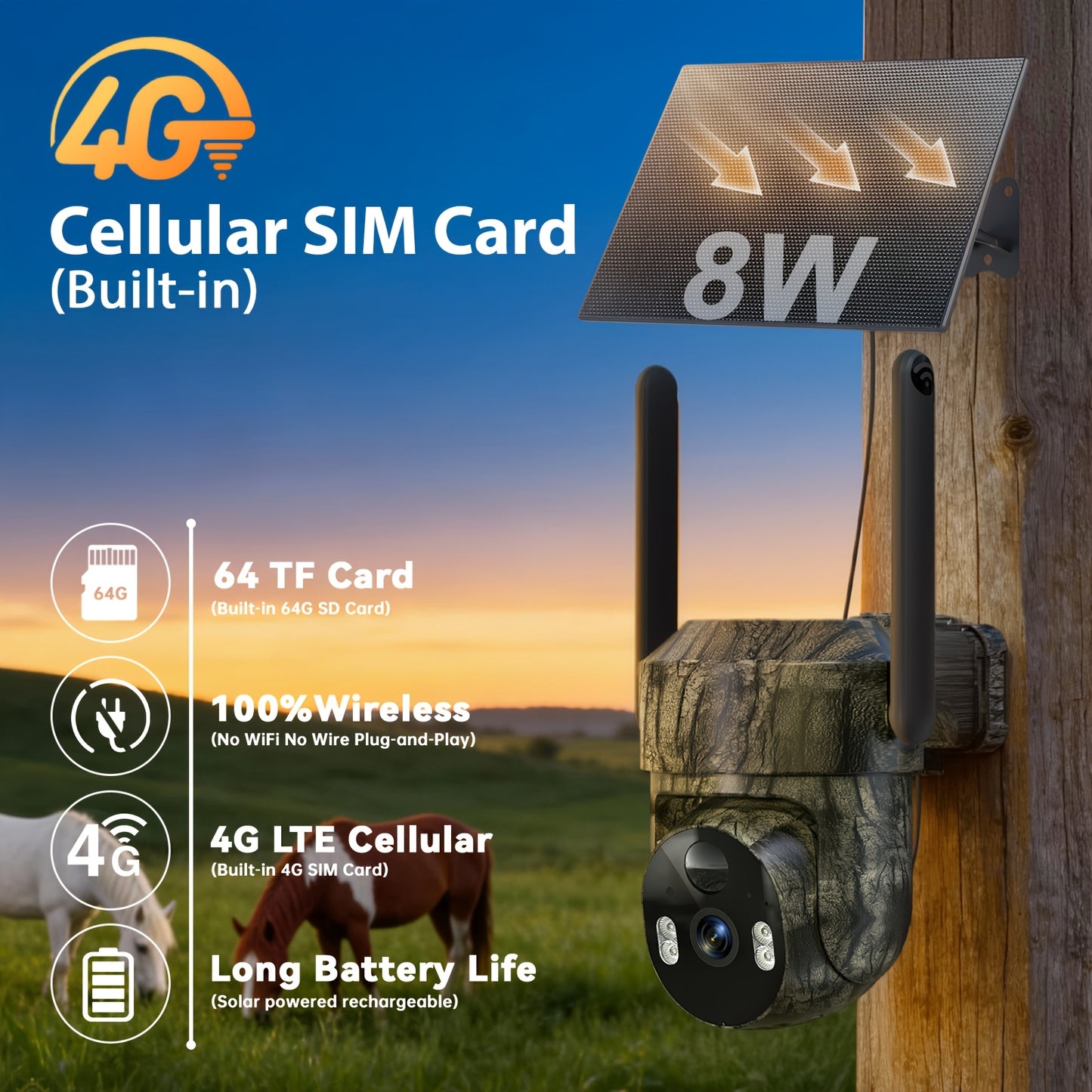 WESECUU 4G LTE Solar Security Camera No WiFi Needed 4MP Color Night Vision