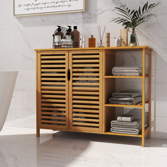 Costway Bamboo Bathroom Cabinet Two Door Storage Organizer Freestanding